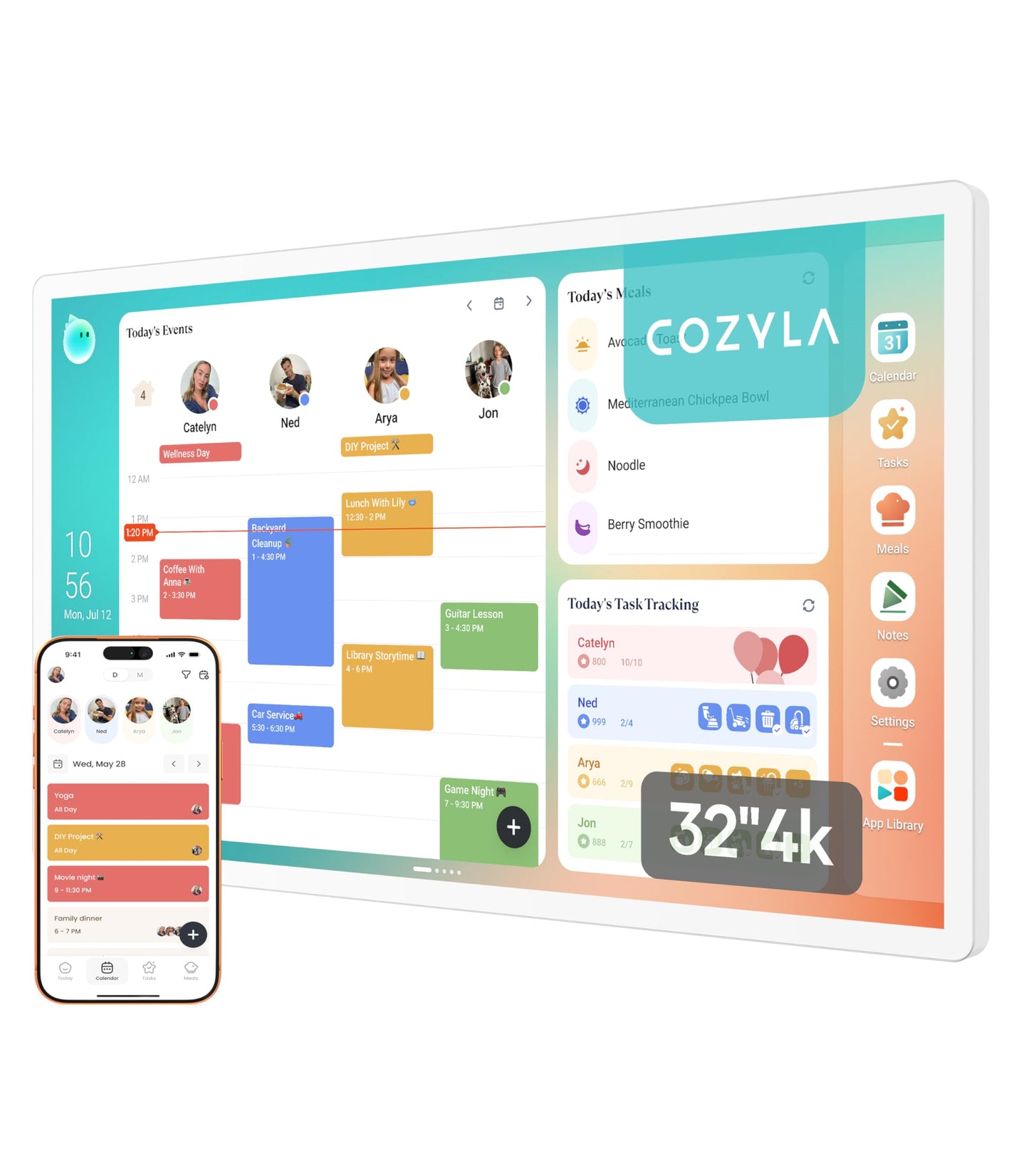 Cozyla Calendar Plus 2: 32"4K Smart Digital Calendar Wall Touch Screen & No Subscription Family Dashboard, Electronic Display for Family System- Chore Chart, Meal Planner, Support App Store Wall Mount