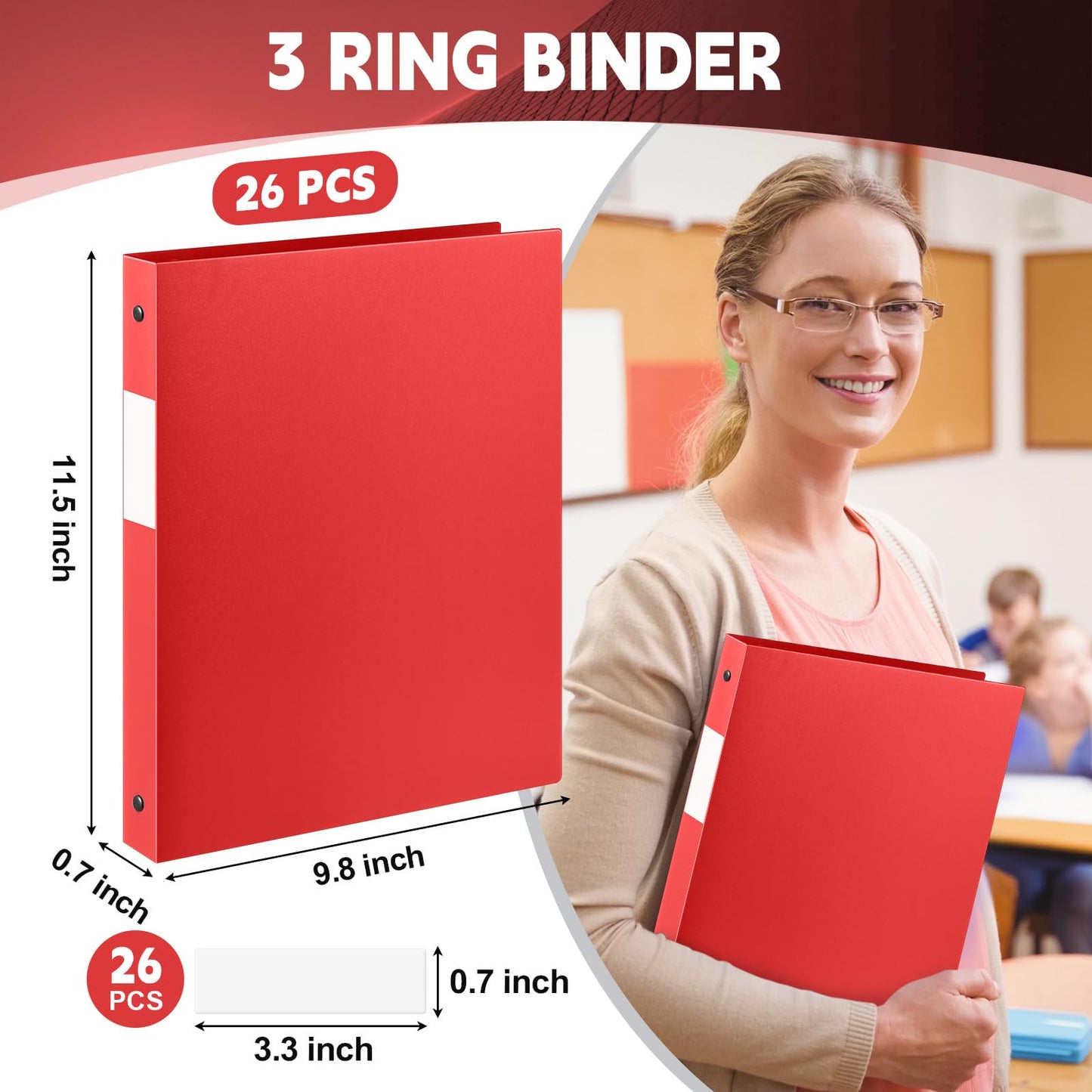 Henoyso 26 Pack 0.5 Inch Plastic 3 Ring Binder Round Ring, Bulk 1/2 Inch Flexible Binders Hold 140 Sheets Letter Size with Pocket, Document Organizer for Back to School Classroom Office (Red)