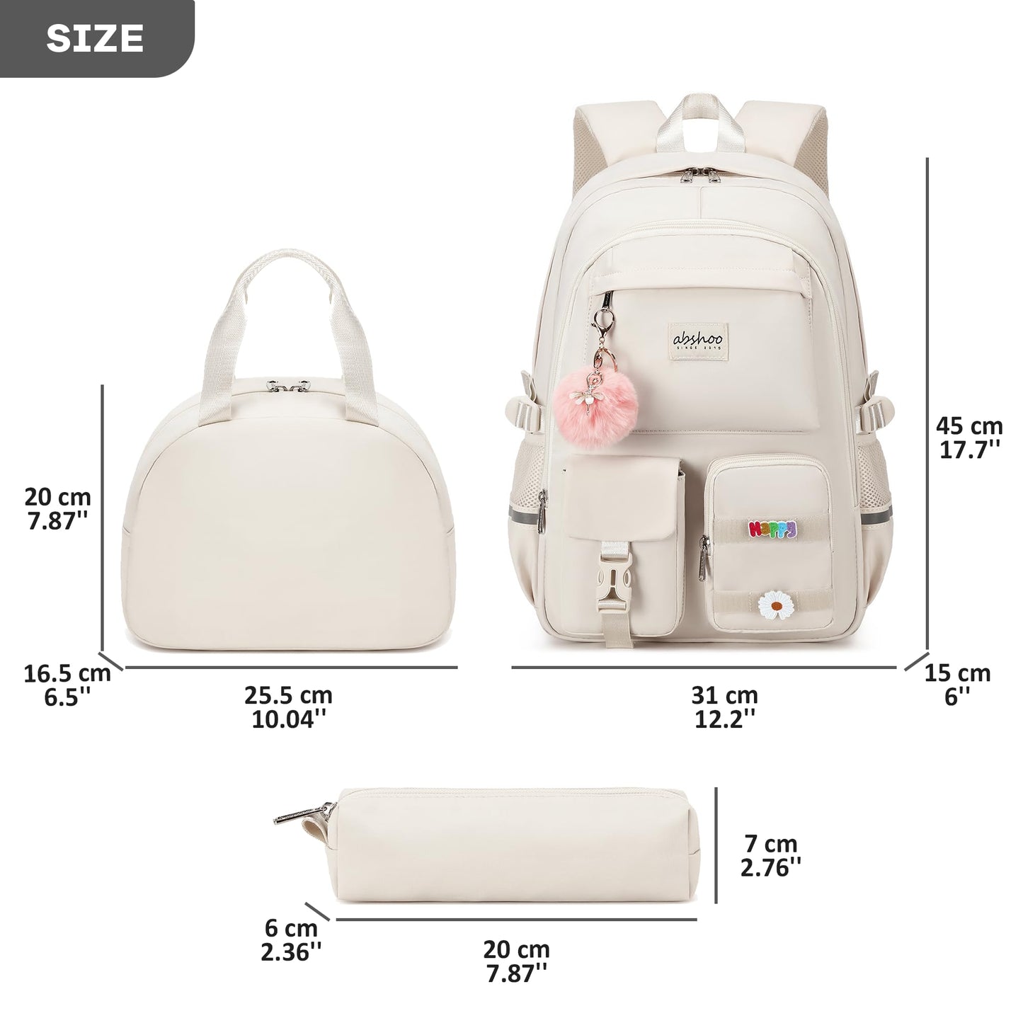 abshoo School Backpack for Girls Bookbag with Lunch Bag Teen Girls School Bag Travel Daypack (Beige)