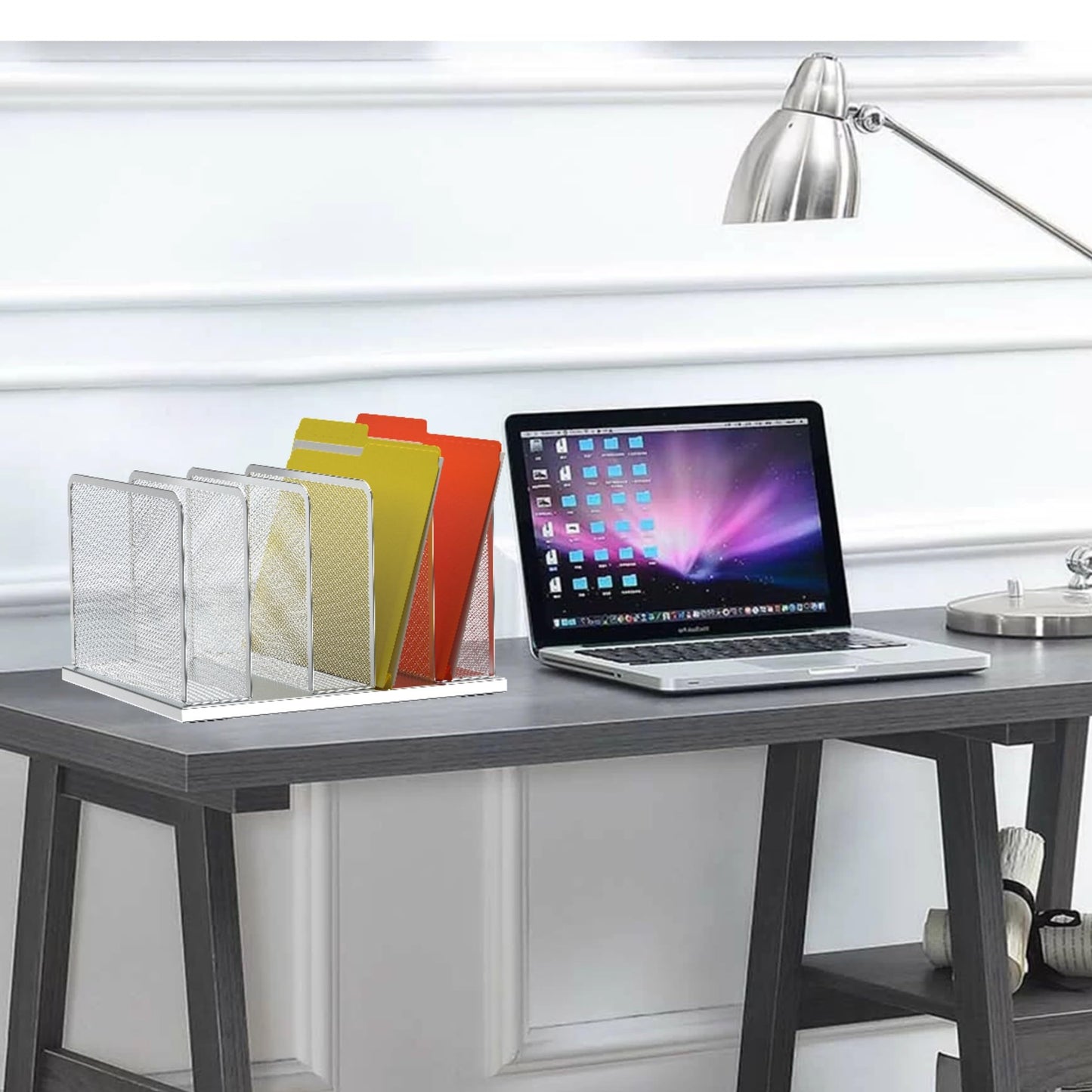Kuntine.B Desk File Organizer Upright Mesh Desktop Organizer File Sorter Office Organization File Holder for Home, Office & Classroom (Silver, 1 Pack 5-Section)