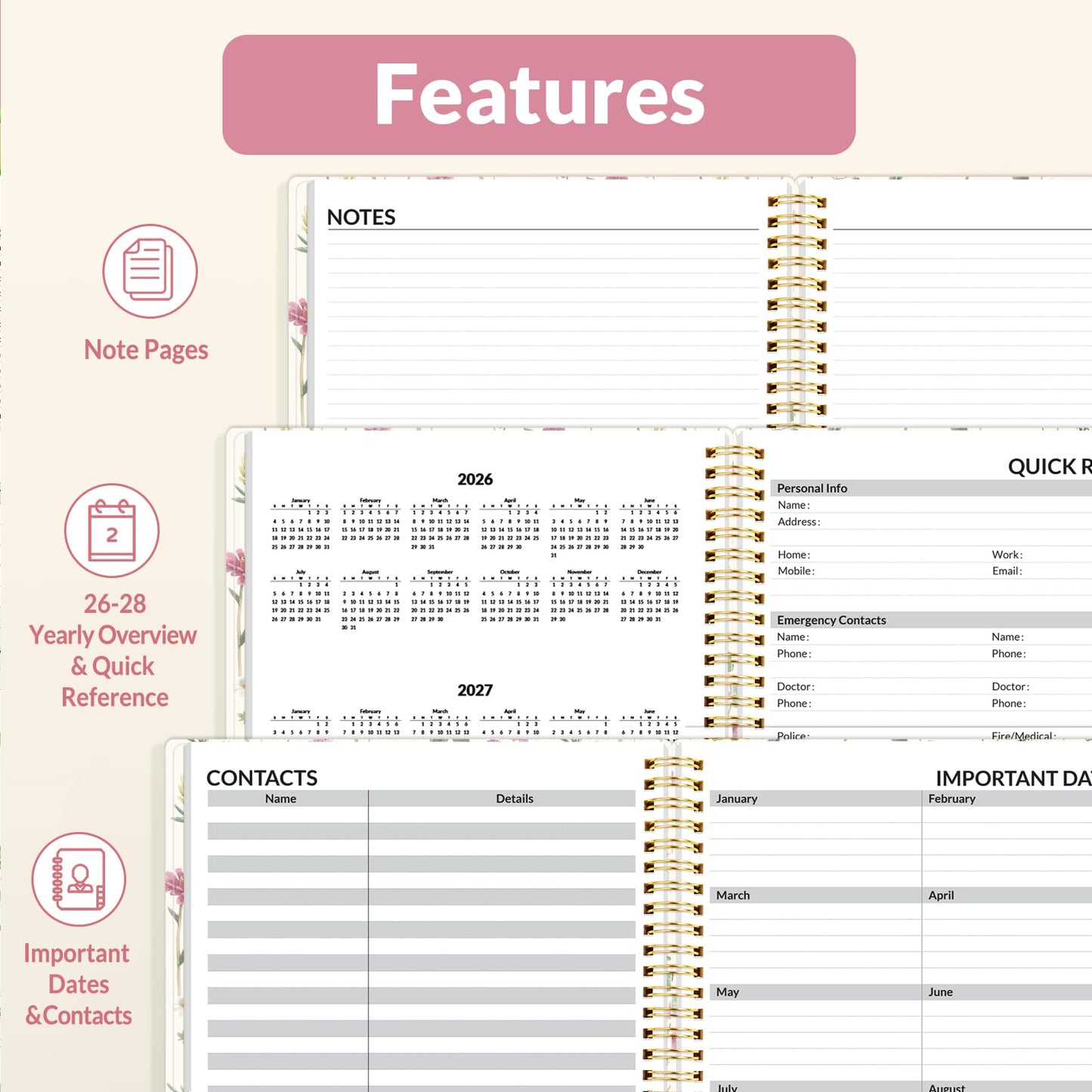 SUNEE 2026 Weekly and Monthly Planner - from January 2026 - December 2026, Daily Agenda Planner with Monthly Tab, Flexible Cover, Note Pages, Pockets, Bookmark, Spiral Binding, Wildflowers, 8.5"x11"