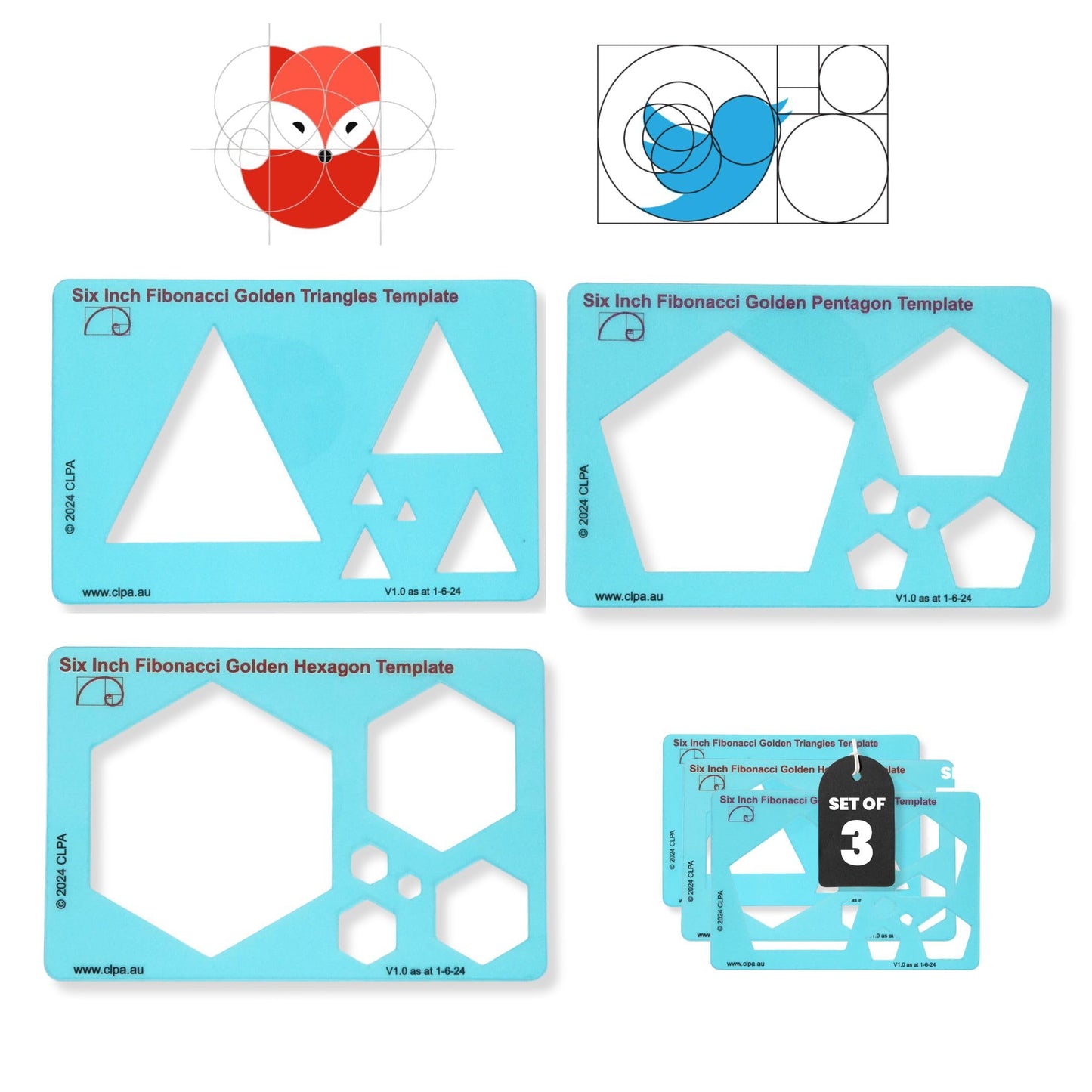 CLPA Fibonacci 3-Piece Template Set — 6" Triangle, Pentagon and Hexagon | Golden Ratio Drawing Tools | Fibonacci Art and Drafting Stencils | Clear PETG | Made in Australia