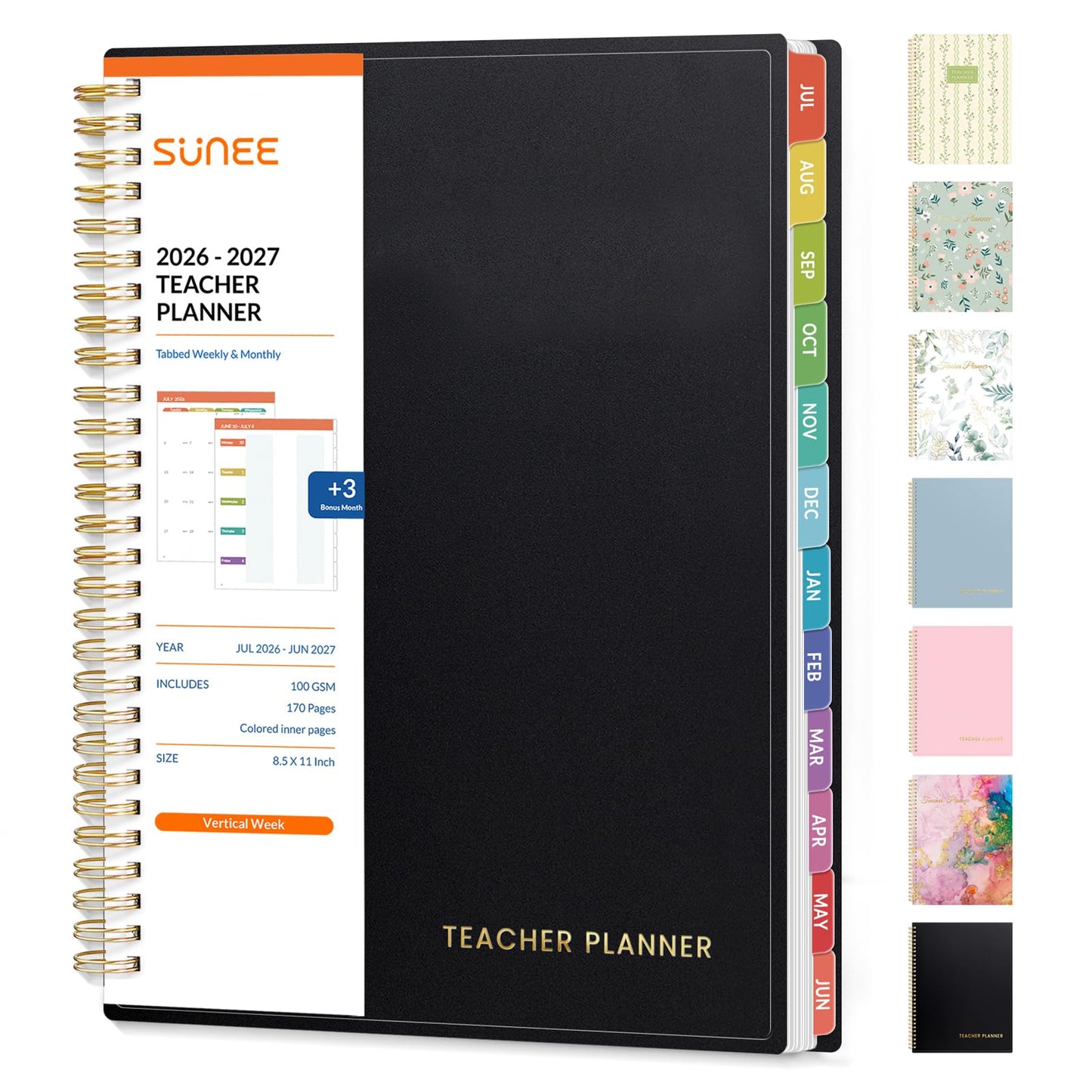 SUNEE Teacher Planner 2026-2027 Academic Year, Lite Lesson Planner Book with 7 Periods Jul 2026 - Jun 2027, 8.5"x11" Daily Weekly and Monthly Organizers, Plan Book with Pocket Folder, Color Tabs,Black