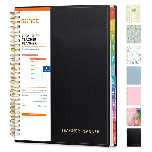 SUNEE Teacher Planner 2026-2027 Academic Year, Lite Lesson Planner Book with 7 Periods Jul 2026 - Jun 2027, 8.5"x11" Daily Weekly and Monthly Organizers, Plan Book with Pocket Folder, Color Tabs,Black