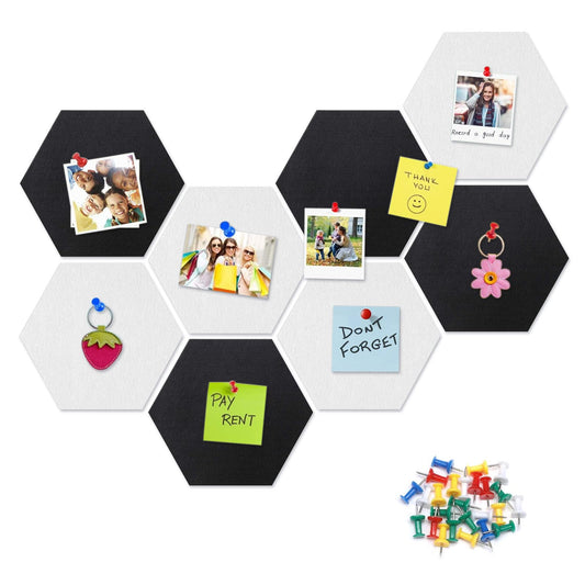 8 Packs Black White Hexagon Felt Pin Board, 12" Bulletin Board with 30 Push Pins, Felt Board for Home Kitchen Office Decor, Self-Adhesive Corkboard Tiles for Walls Message Photos Memos Display