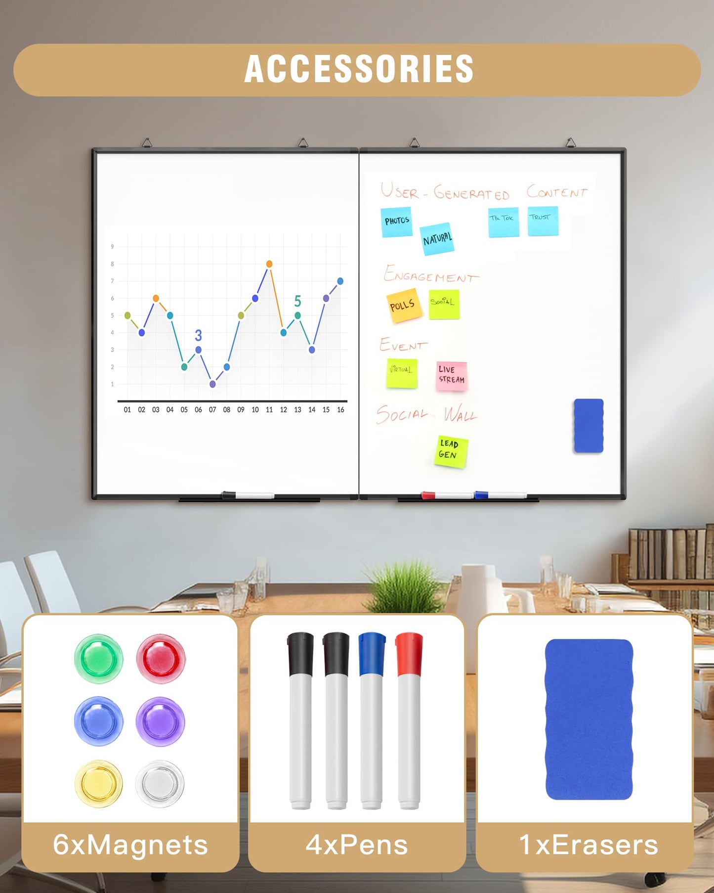60"X 40" Large Magnetic Dry Erase Whiteboard, Wall Hanging Board with 8 Pens & 4 Dry Erasers & 30 Magnets, Sliver Aluminum Frame Black
