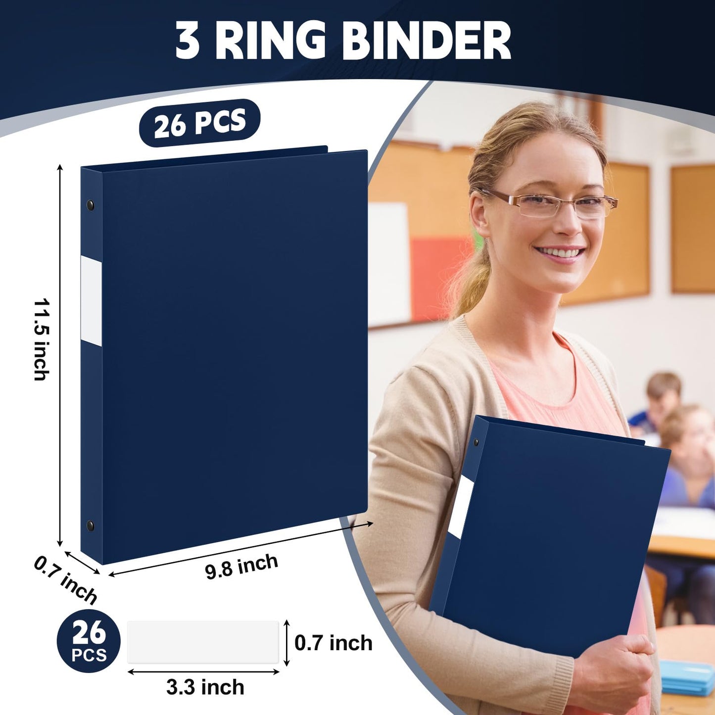 Henoyso 26 Pack 0.5 Inch Plastic 3 Ring Binder Round Ring, Bulk 1/2 Inch Flexible Binders Hold 140 Sheets Letter Size with Pocket, Document Organizer for Back to School Classroom Office (Navy Blue)