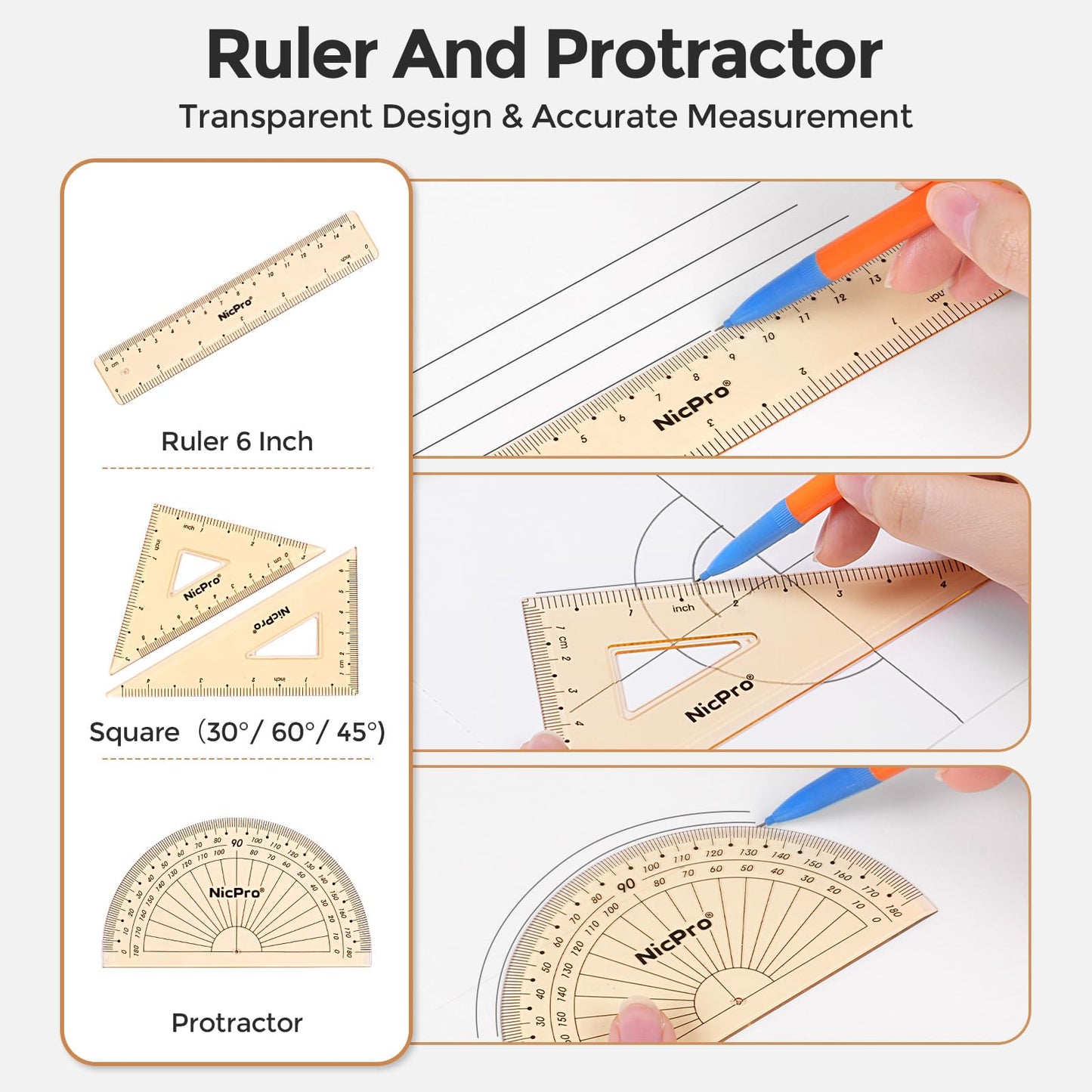 Nicpro 17 PCS Compass Geometry Set for Students, Drafting Tools Math Protractor Compass with Rulers, Mechanical Pencil, Square Set, Box of Protractors Kit for Class Supplies, Back to School Supplies