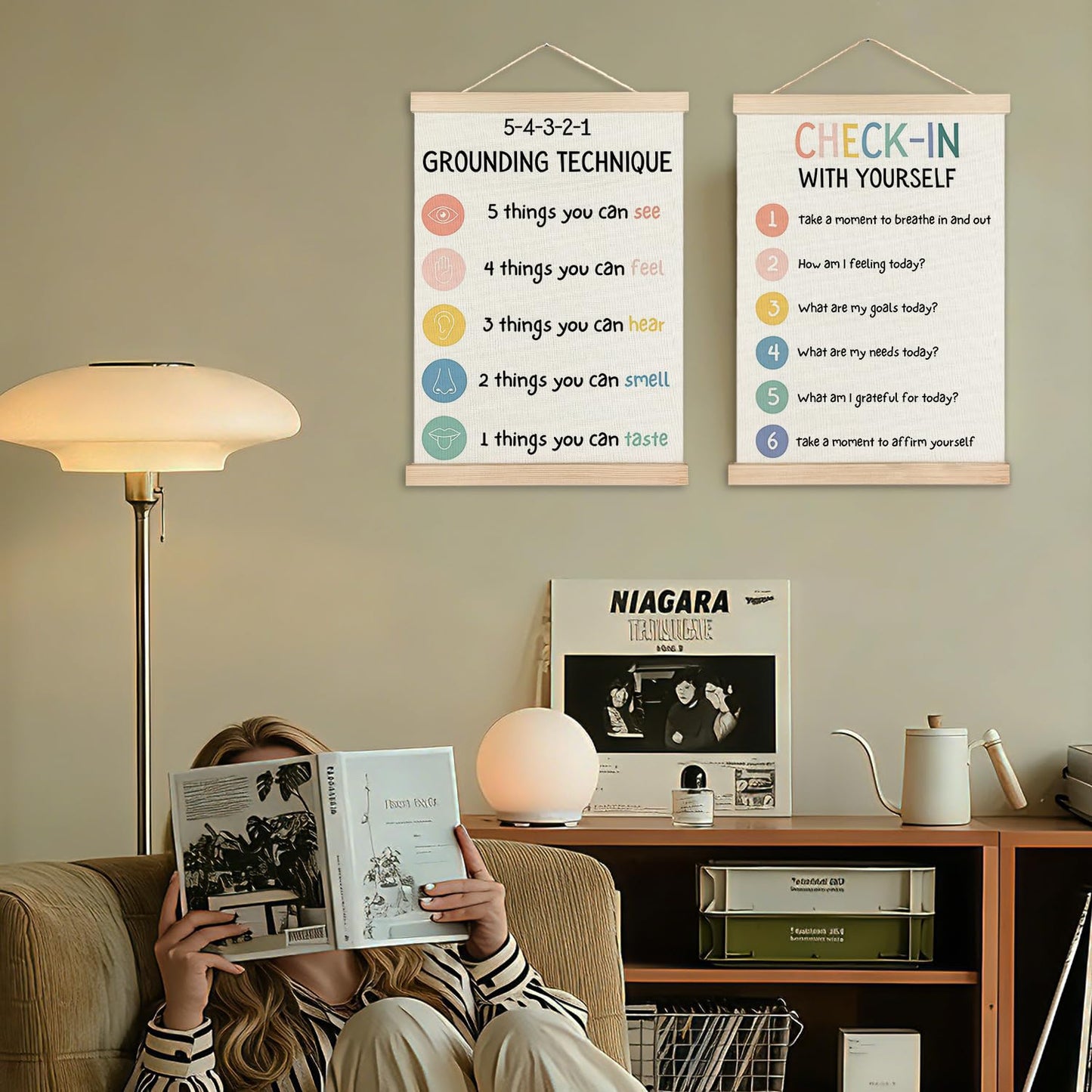 IAFQWDS 54321 Grounding Technique Mental Health Wall Art Hanging Poster Framed, Check in With Yourself CBT Wall Decor Prints for Classroom Therapy Counselor Psychologist Office, 12x16 Inch Set of 2