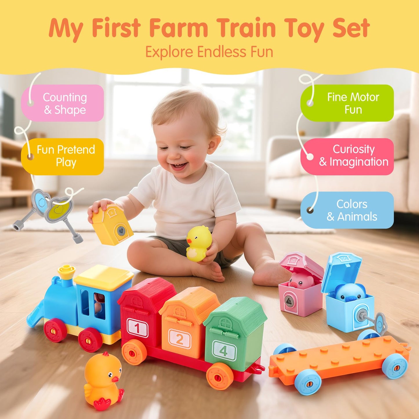Toddler Learning Toys for 2 3 Year Old-Counting Matching & Sorting Activity Montessori Train Set with Farm Animals Finger Puppets Keys to Lock and Unlock Barn Birthday Gift for Boys Girls 2-5