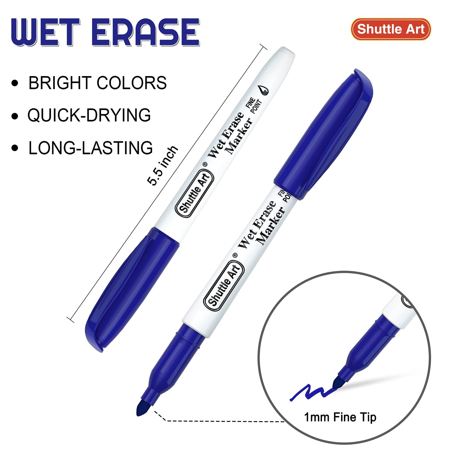 Shuttle Art Wet Erase Markers, 15 Pack Blue 1mm Fine Tip Smudge-Free Markers, Use on Laminated Calendars, Overhead Projectors, Schedules, Whiteboards, Transparencies, Glass, Wipe with Water