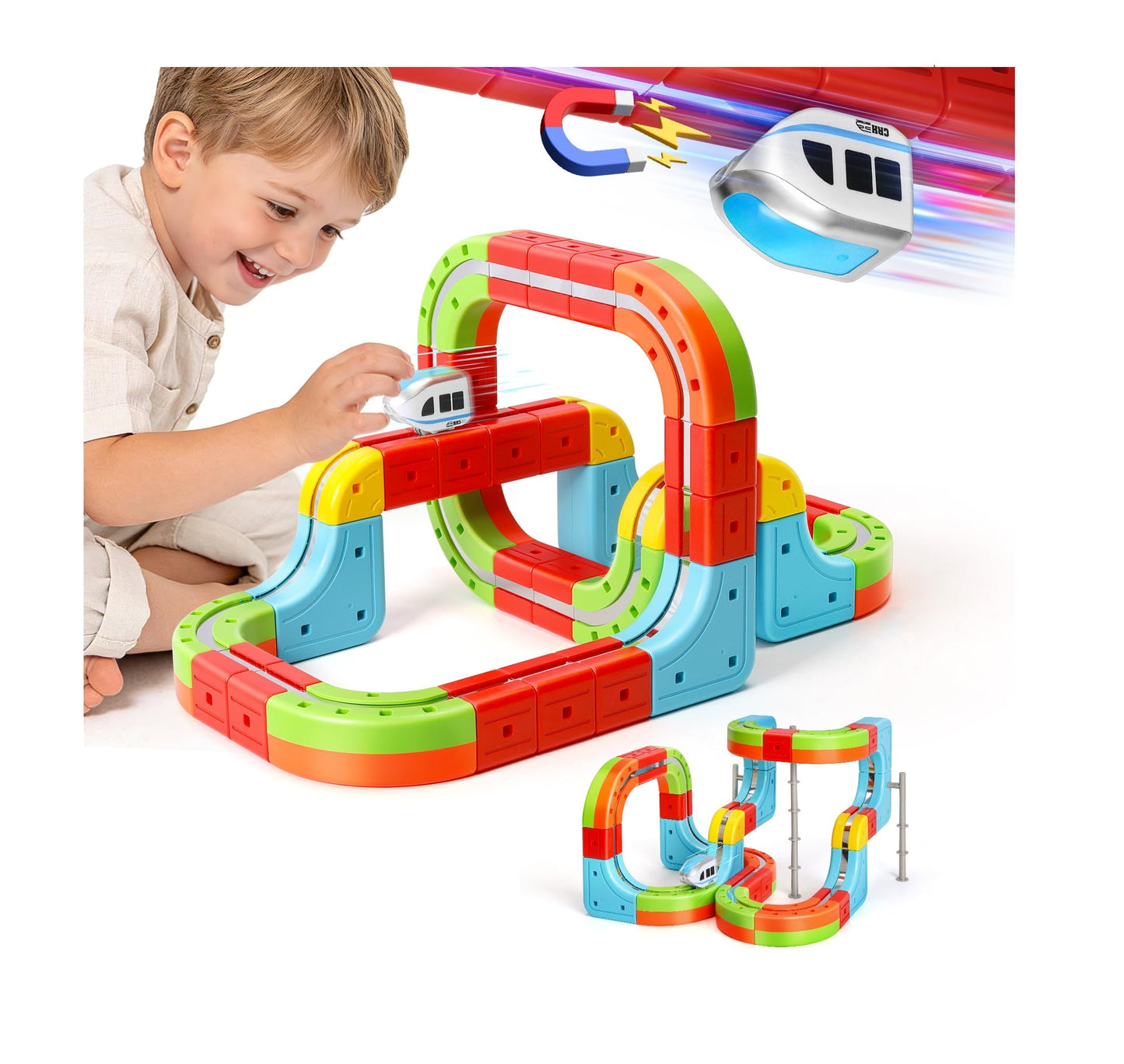 Hestiasko Magnetic Train Set for Kids, 3D Electric Train Set, Modular DIY Building Track Toy with Vertical Climb & Upside Down Action, STEM Educational Toy Gift for Boys Girls Ages 3+