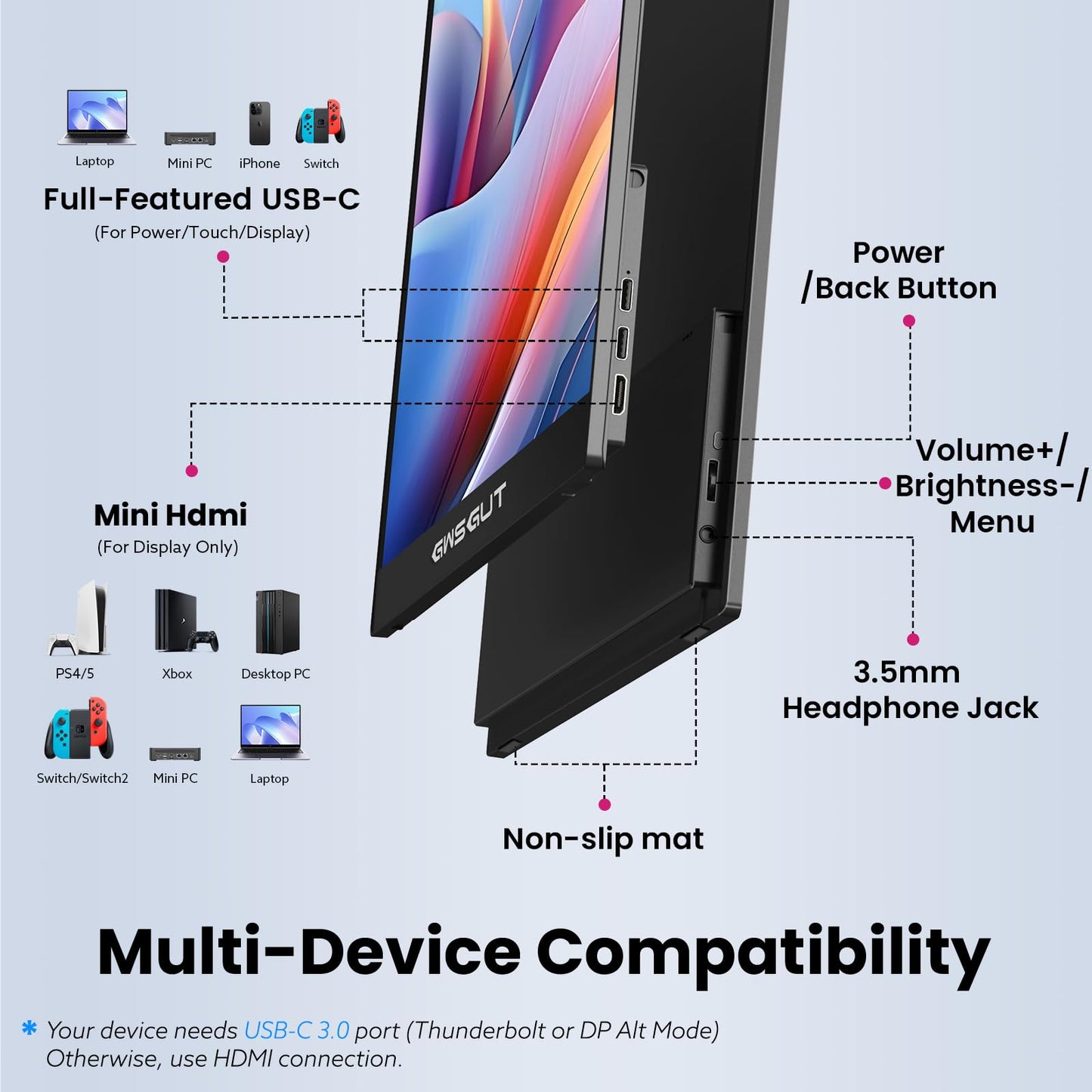 GWSGUT Portable Monitor Touchscreen 15.6'' FHD 1080P USB-C HDMI Ultra-Slim Gaming Display, Built-in Stand Speakers HDR IPS,for Laptop PC Mac Phone PS4/5 Travel Monitors (1080p Touchscreen, 15.6")
