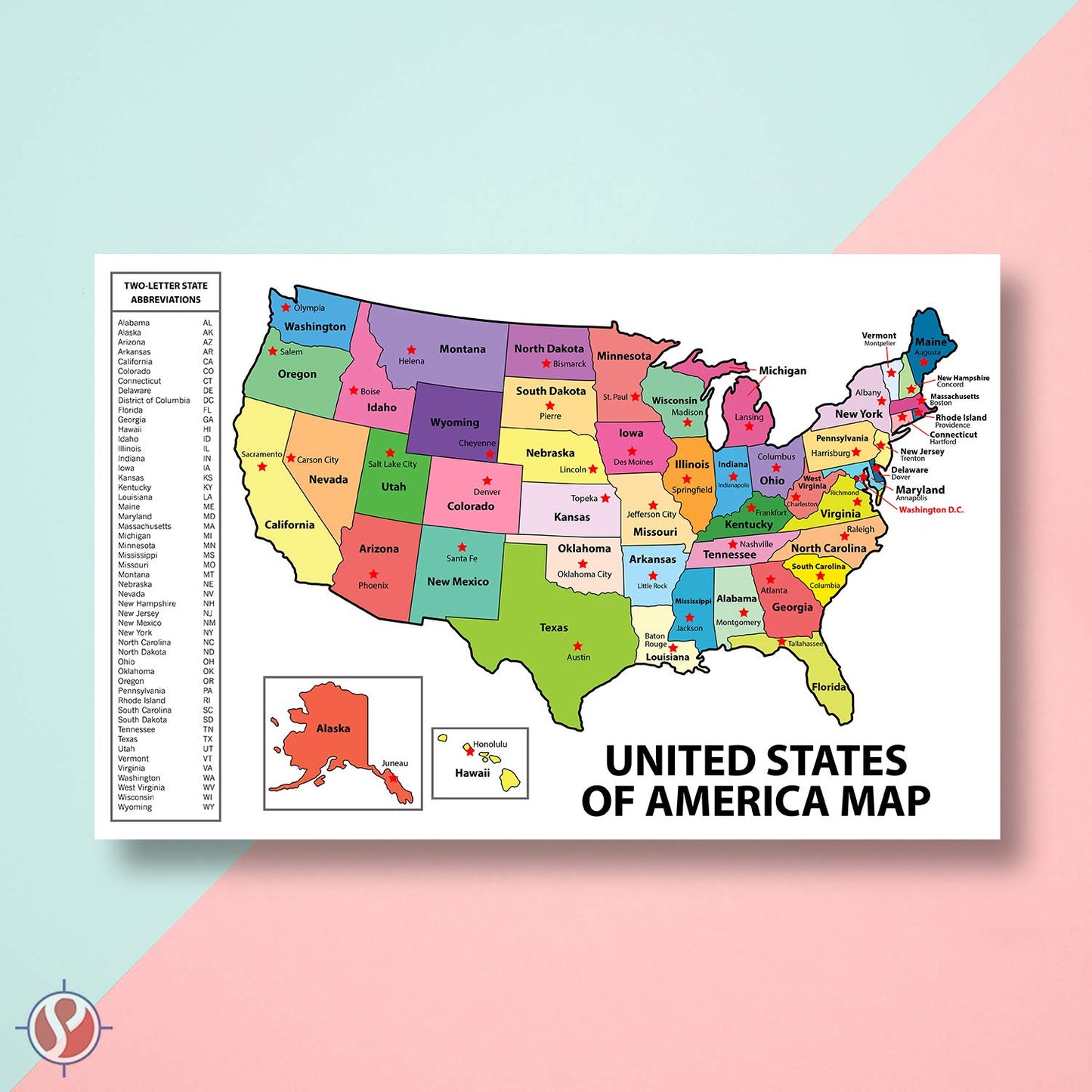 United States Map - USA Poster, US Educational Map - With State Capital - for Ages Kids to Adults - Home School Office - Printed on 12pt. Glossy Card Stock | Bulk Pack of 10 |11 x 17 Inches