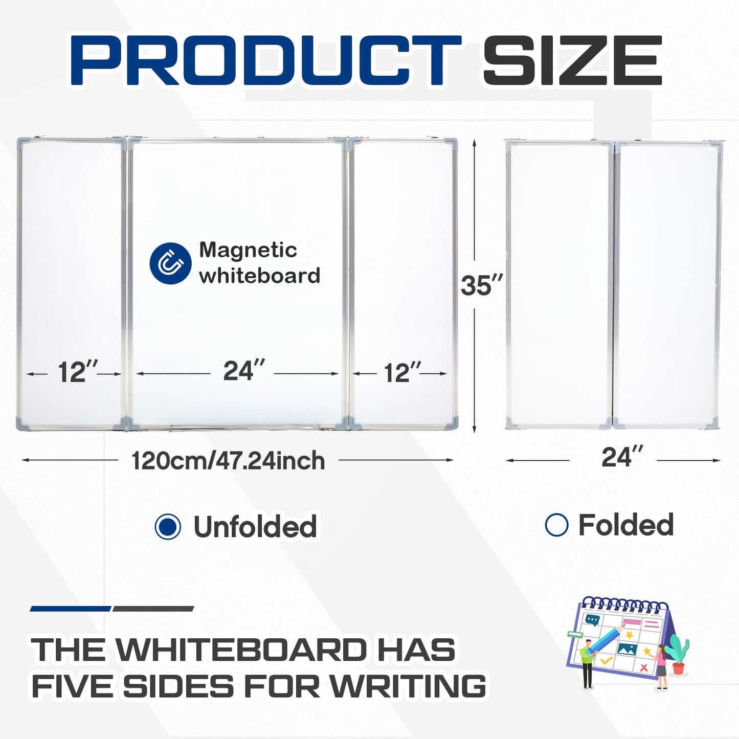AmazingSpark 48” x 36” Foldable Whiteboard Dry Erase Board Large Tri Folding Whiteboard Magnetic Dry Erase Board, Wall Aluminium Frame and Pen Tray for Office, Home