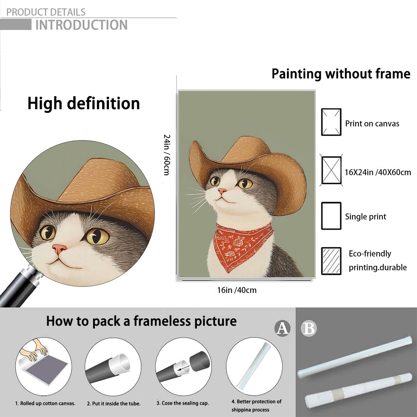 Nursery Poster Cute Animal Picture Funny Animal Wall Art Vintage Cowboy Cat Wall Art 16x24Inch Unframed Whimsical Cowboy Cat Pet Portrait Poster for BedRoom Living Room Boy Girl Kid Children's Bedroom