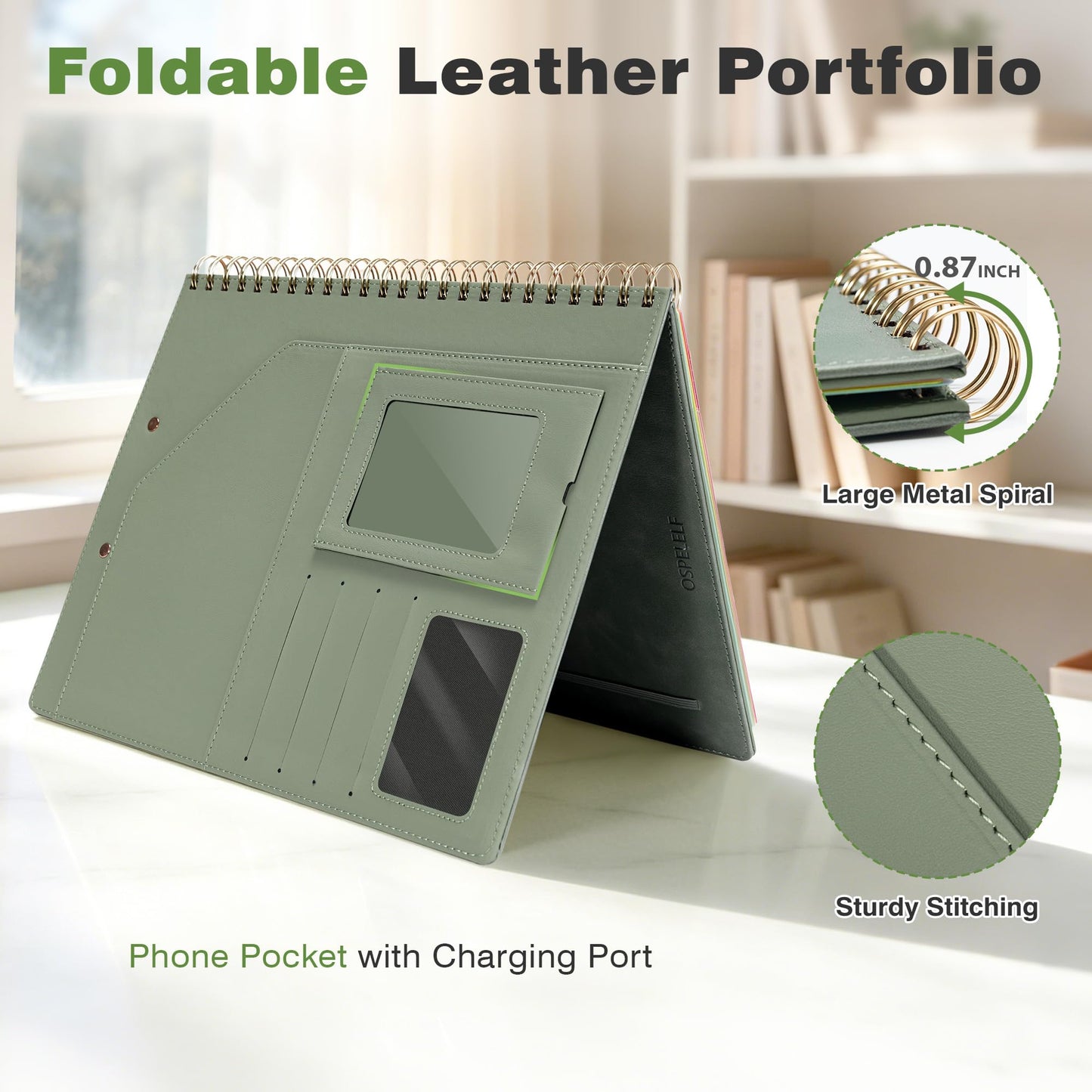 Clipboard with Storage for Men Women, Leather Padfolio Portfolio Organizer 5 Folders with 10 Pockets, Spiral Clipboard Folio with Notepad for Letter Size, Elastic Closure and Pen Loop Sage Green