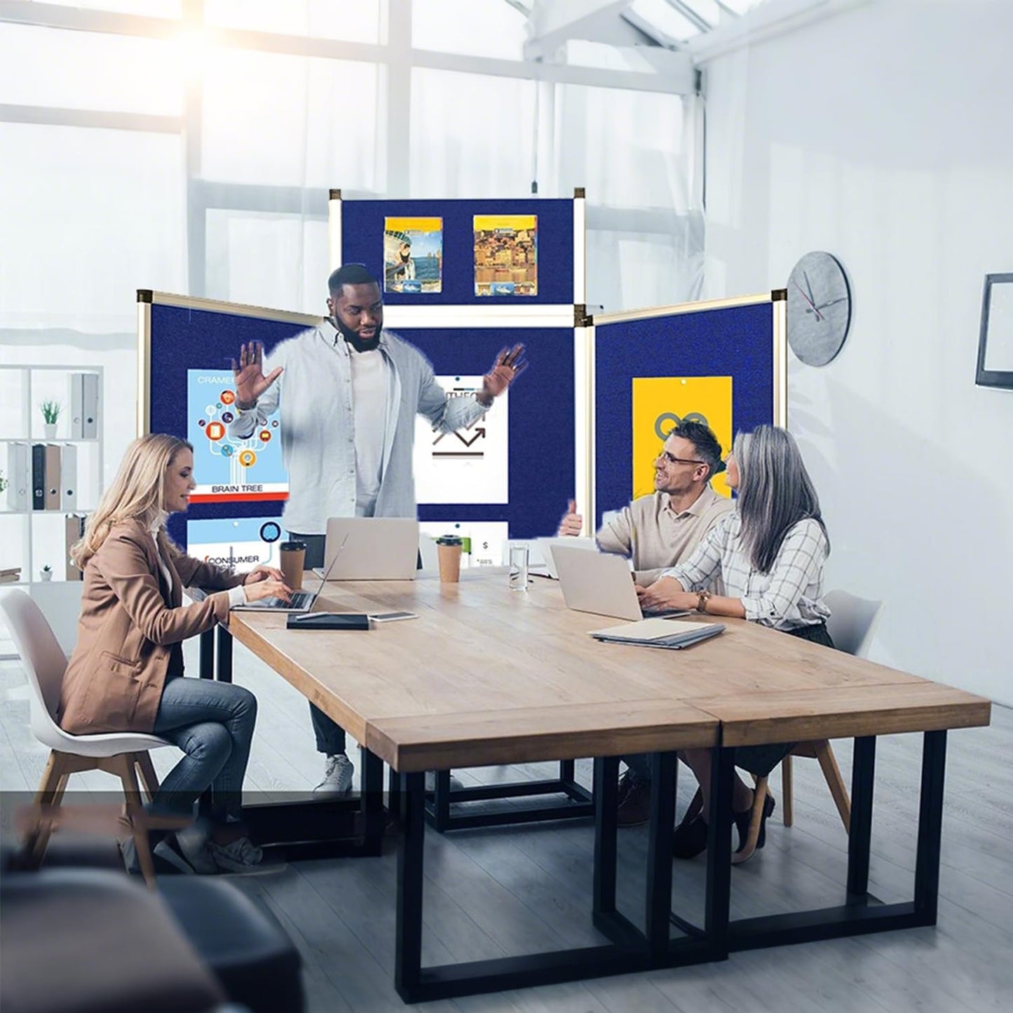 ISXACFF 3+1 Panel Trade Show Presentation Board 70.8“ x 35.4” Blue Trifold Poster Board Folding Exhibition Display Boards Double Sided Tabletop Display with Storage Bag Hook & Loop-Receptive Fabric