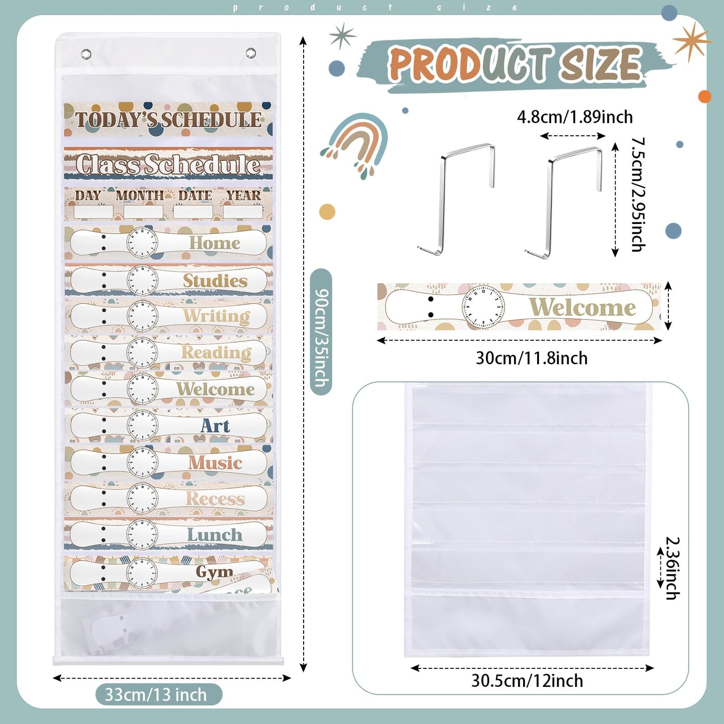 Sunnymove Daily Schedule Pocket Chart for Classroom Decor with 13+1 Pockets and 42 Designed Schedule Cards, Teacher Supplies for Preschool Classroom Home Office Back to School Decorations(Boho)