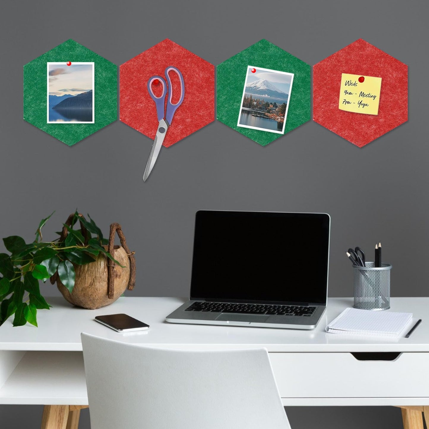 8 Packs Red Green Hexagon Felt Pin Board, 12" Bulletin Board with 30 Push Pins, Felt Board for Home Kitchen Office Decor, Self-Adhesive Corkboard Tiles for Walls Message Photos Memos Display