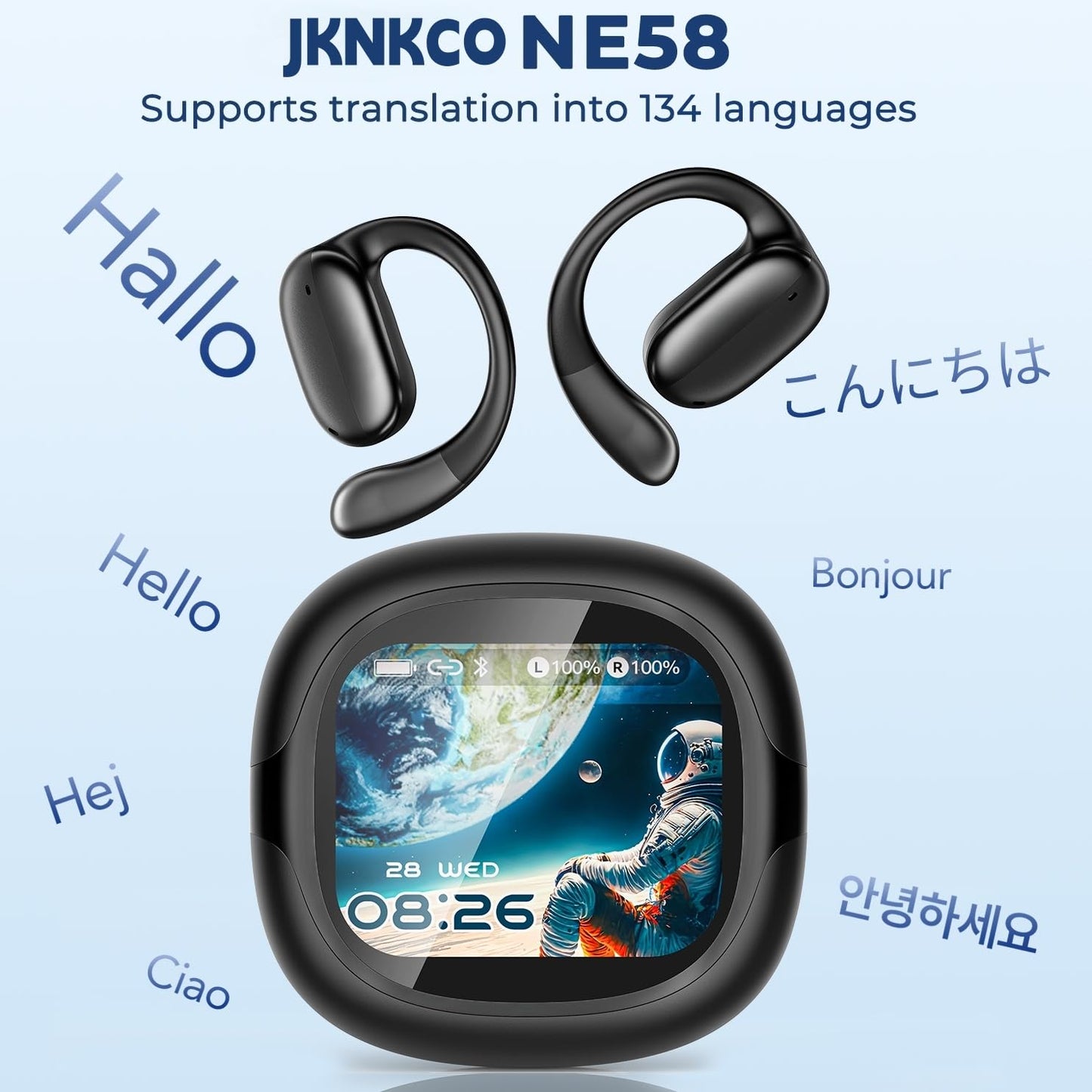 NE58 AI Translation Earbuds Real Time, 134 Language Translator Wireless Bluetooth 6.0 Open Ear Earbuds, LED Touch Screen, Noise Cancelling Translate Ear Buds for Travel & Business Meetings (Black)