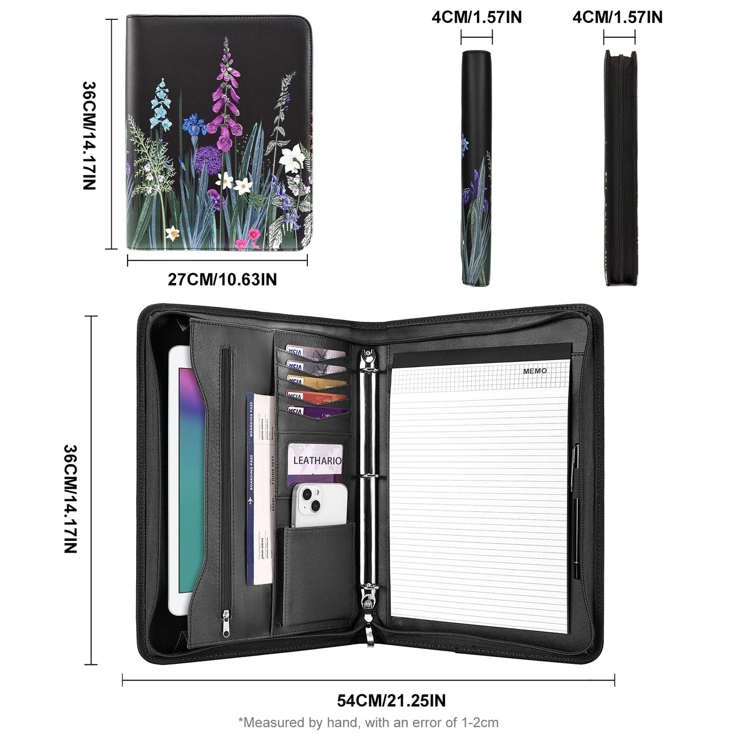 Leathario Portfolio Binder, Includes 5 Folder Index Dividers and 3 Notepads, 3-Ring Folder Organizer, Padfolio with Zipper, Vegan Leather Tablet Sleeve, Business Office Conference Clipboards
