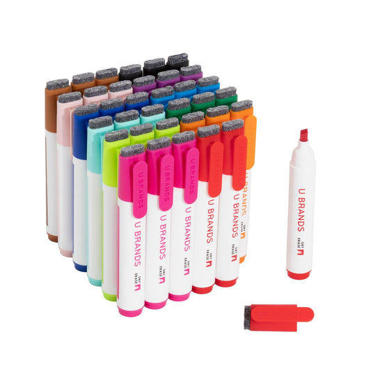 U Brands Dry Erase Markers Chisel Tip Set, 36 Pack, Assorted Colors, Whiteboard Pens with Chisel Point and Built In Eraser Caps, Low Odor Ink, Dry Erase Markers For Classroom, Office, Or Home
