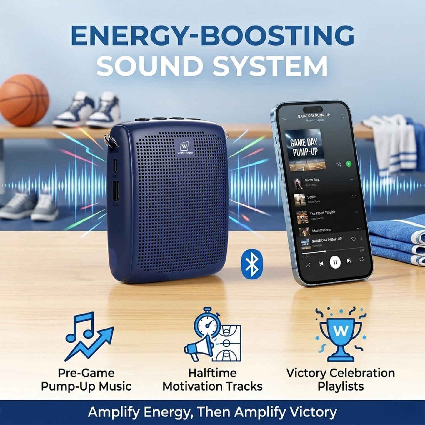 WinBridge Wireless Voice Amplifier - 15W Bluetooth PA System for Teaching, Tour Guiding, Business Meetings, Conference Training, 12-15H Battery, Portable Microphone with Speaker Sound System Blue