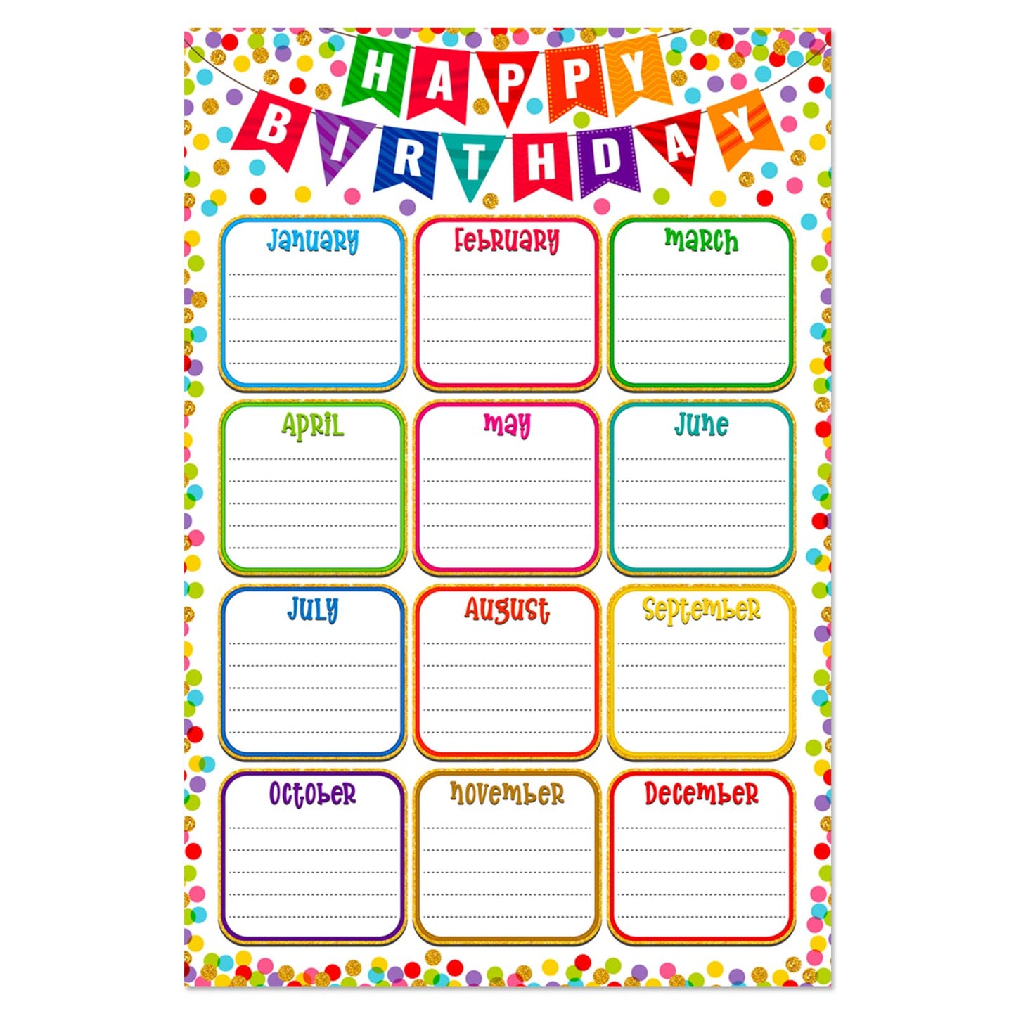 FaCraft Birthday Chart Poster for Classroom - Reusable Laminated 16.5" x 12" Happy Birthday Calendar for Bulletin Board Decoration Confetti Back to School Teacher Supplies for Elementary & Preschool