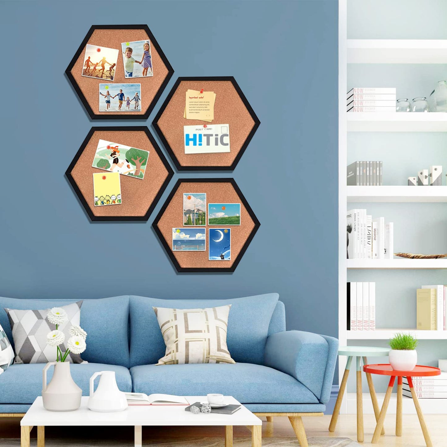 WAYHOUL Cork Bulletin Board for Walls, 1/2" Thick Hexagon Pin Board for Walls with Frame, Black Small Corkboard with 10 Push Pins and 10 Wood Clips, Tack Board for Home Office and School 2Pack