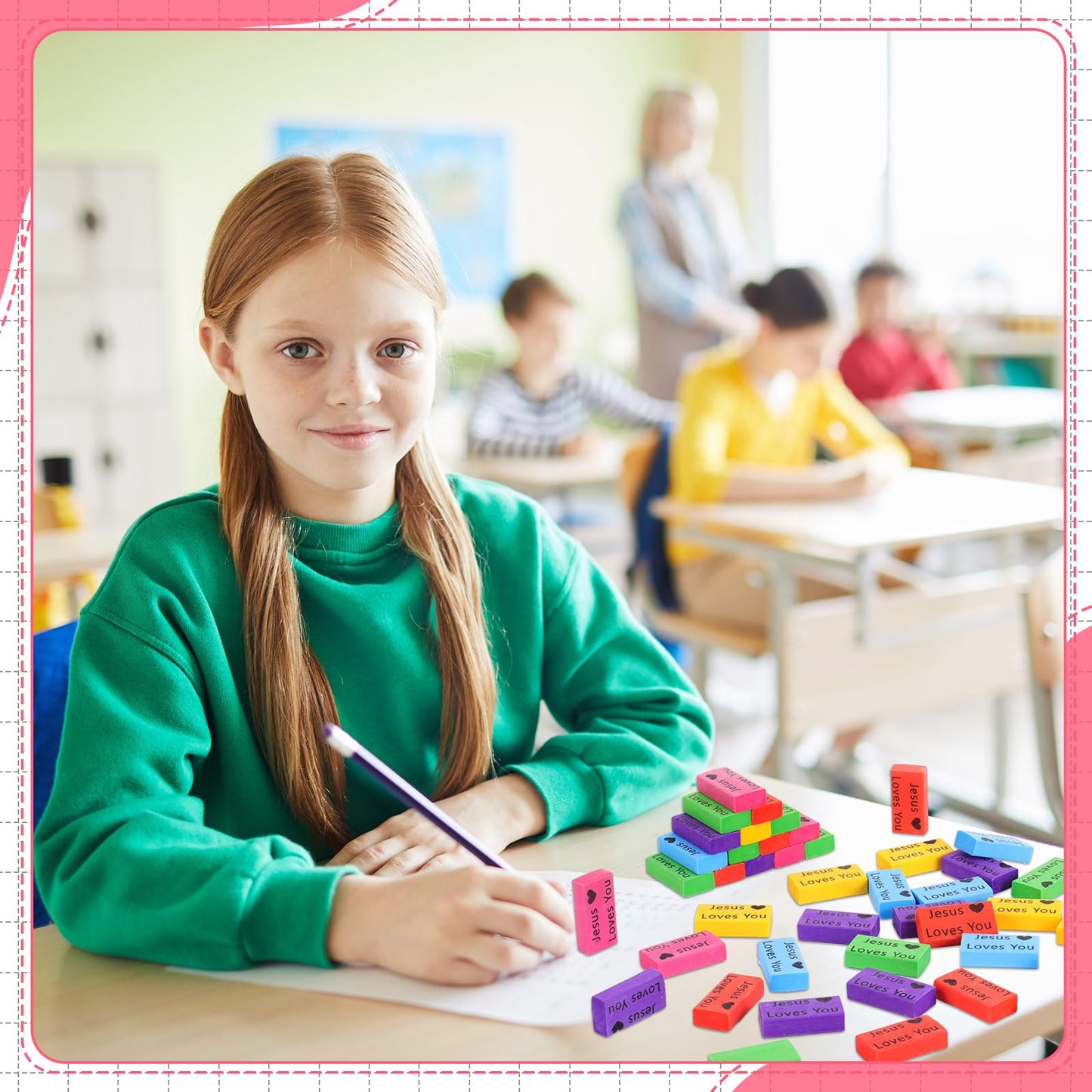 Resurhang 180 Pcs Erasers Bulk for Kids Inspirational Pencil Erasers Bulk for Drawing Motivational Big Eraser School Supplies for Classrooms Back to School Office (Jesus Loves You,Multicolor)