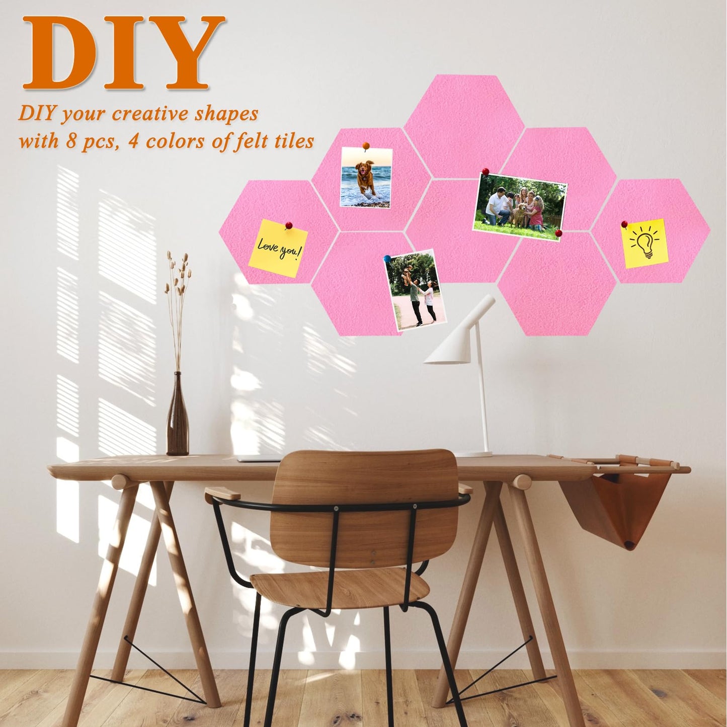 HULAVO 8 Pcs Hexagon Felt Cork Bulletin Board Tiles, Self Adhesive DIY Bulletin Board Pin Board for Office School Home Wall Decor Memos Photos Display(Bright Pink)