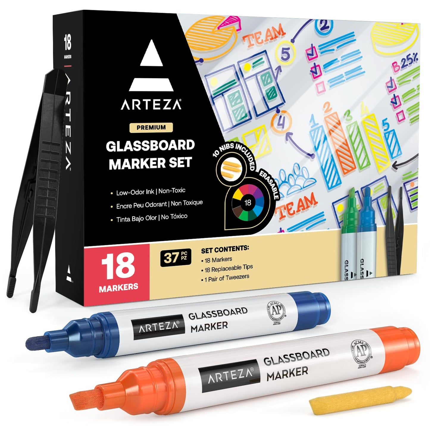 ARTEZA Glass Board Markers, Pack of 18, 10 Classic and 8 Neon Colors for Whiteboards and Windows, Erasable Dry Erase Markers, Office, School Supplies
