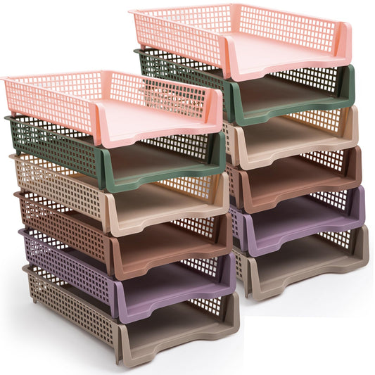 Geetery Set of 12 Plastic Trays for Teachers Turn in Trays Classroom Stackable Paper Tray Plastic Classroom Teachers Desk Letter Organizer Storage Baskets for Office, Desk, Home (Terrazzo Color)