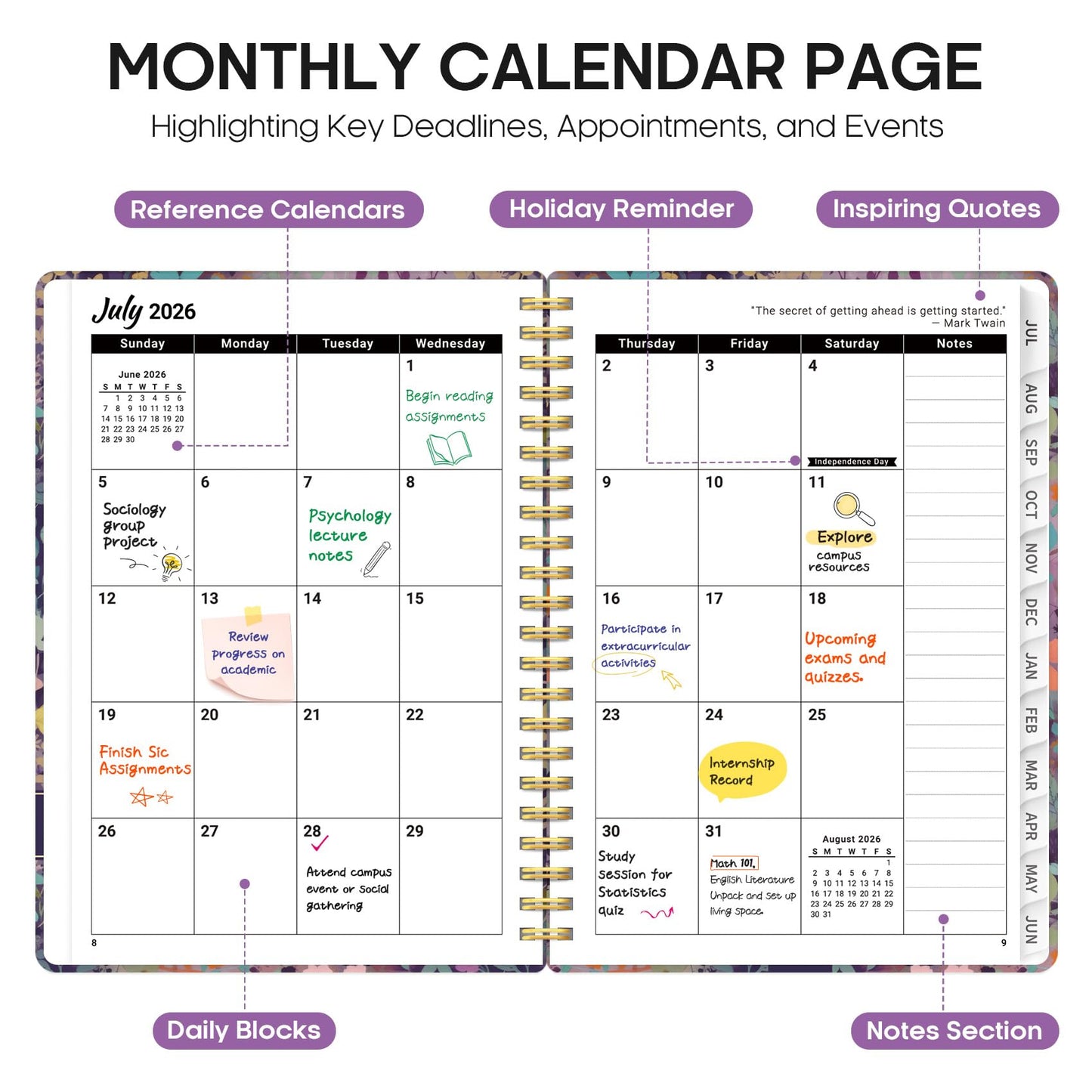 Planner 2026-2027, Academic Year Weekly and Monthly Calender Planner, from Jul 2026 - Jun 2027, Spiral Bound School Planning Book, Perfect for Teacher, Student, Women & Men, A4 (8.5" x 11"), Lavendar Floral