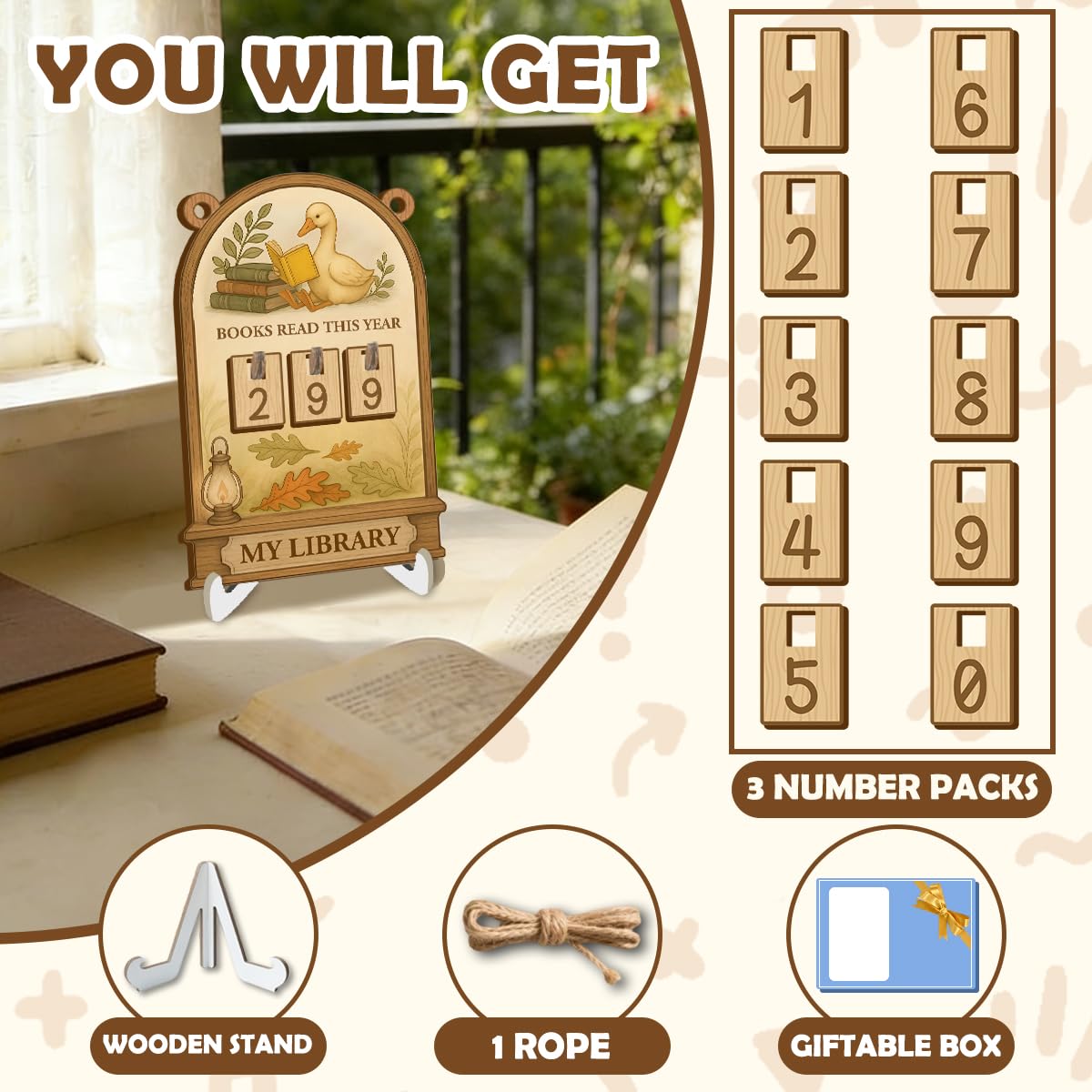 Silly Goose Books Read This Year Counter, Wooden Reading Tracker Sign for Bookshelf Decor, Book Tracker Challenge with 3 Sets of Interchangeable Number Tiles, Unique Book Lover Gifts for Readers