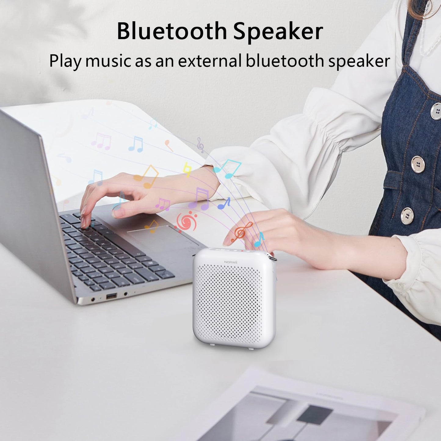 Norwii Bluetooth Voice Amplifier, Power Amplifiers, Portable Mini Wired Microphone Headset for Teacher Classroom & Outdoor Lectures, Teaching, Tour Guides, USB-C Rechargeable - 2000mAh, White