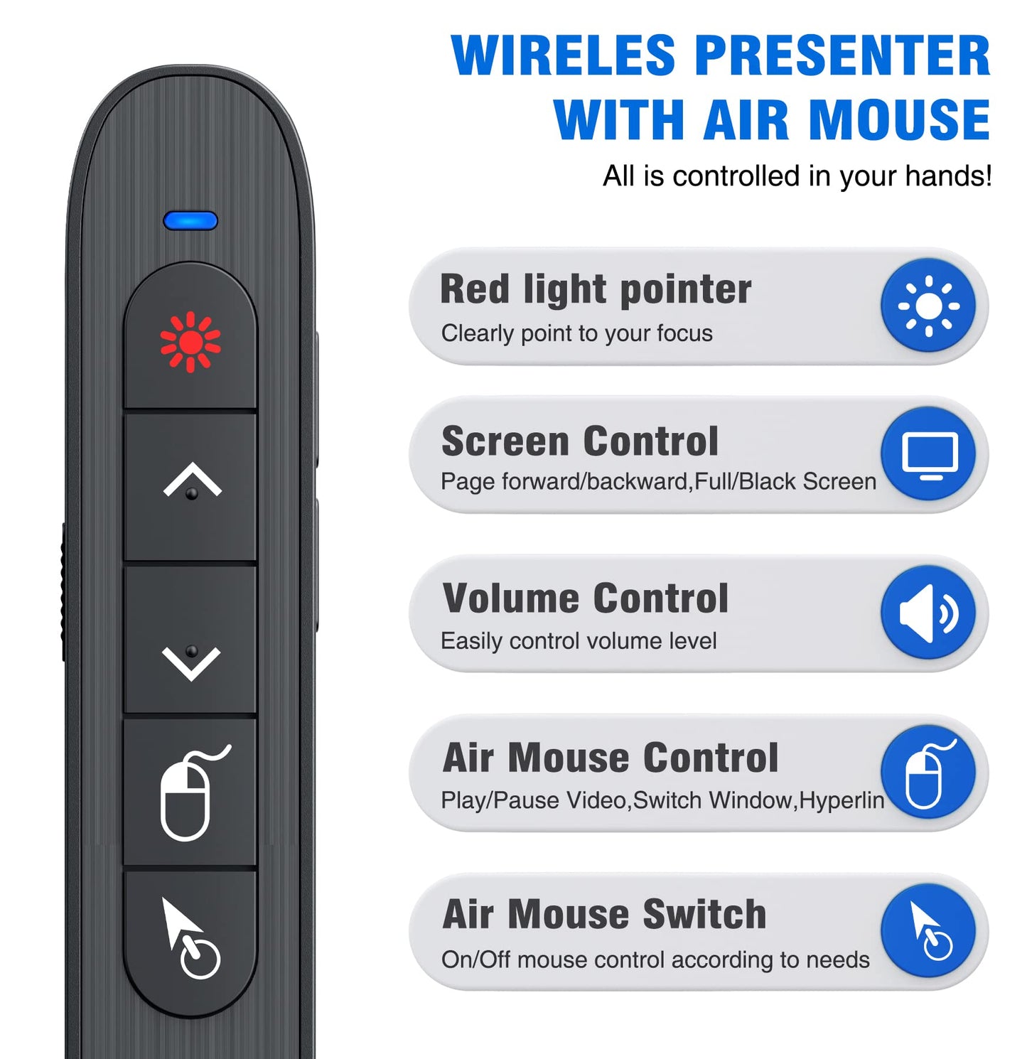 DINOSTRIKE Wireless Presenter Remote with Air Mouse Control, Rechargeable USB A&C Presentation Clicker PPT Pointer RF 2.4GhZ PowerPoint Clicker Slide Advancer for Computer Laptop Mac