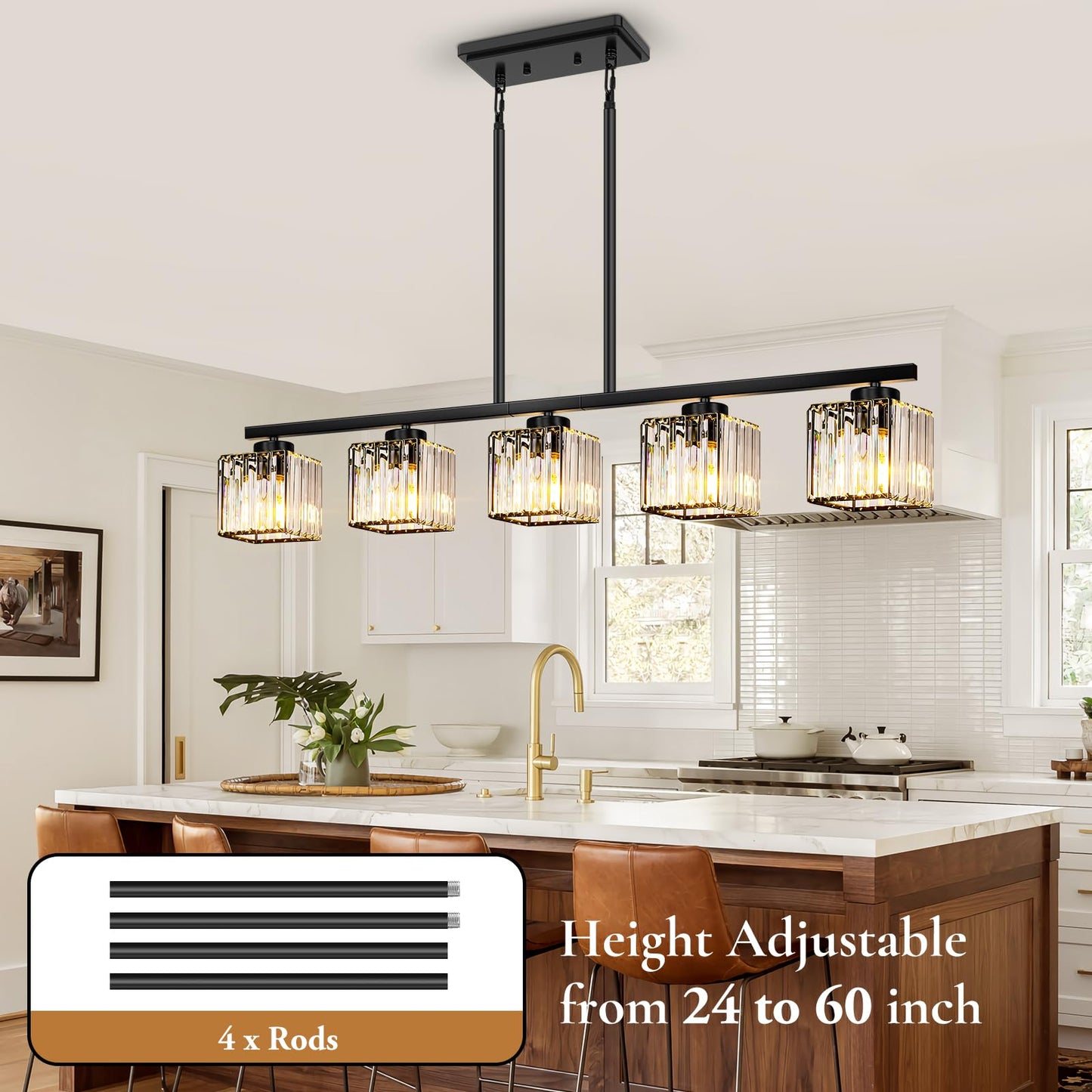 BesLowe Kitchen Island Lighting Linear Chandelier K9 Crystal Black Metal Model L2028-5BK