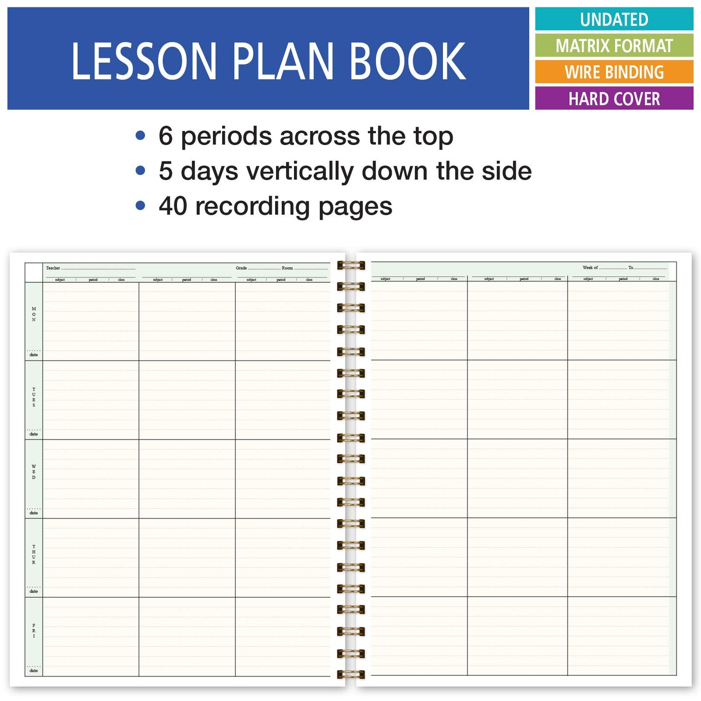Elan Publishing Company HARDCOVER 6 Period Teacher Lesson Plan - Days Vertically Down The Side with Bonus Clip-in Bookmark (Pink Marble)