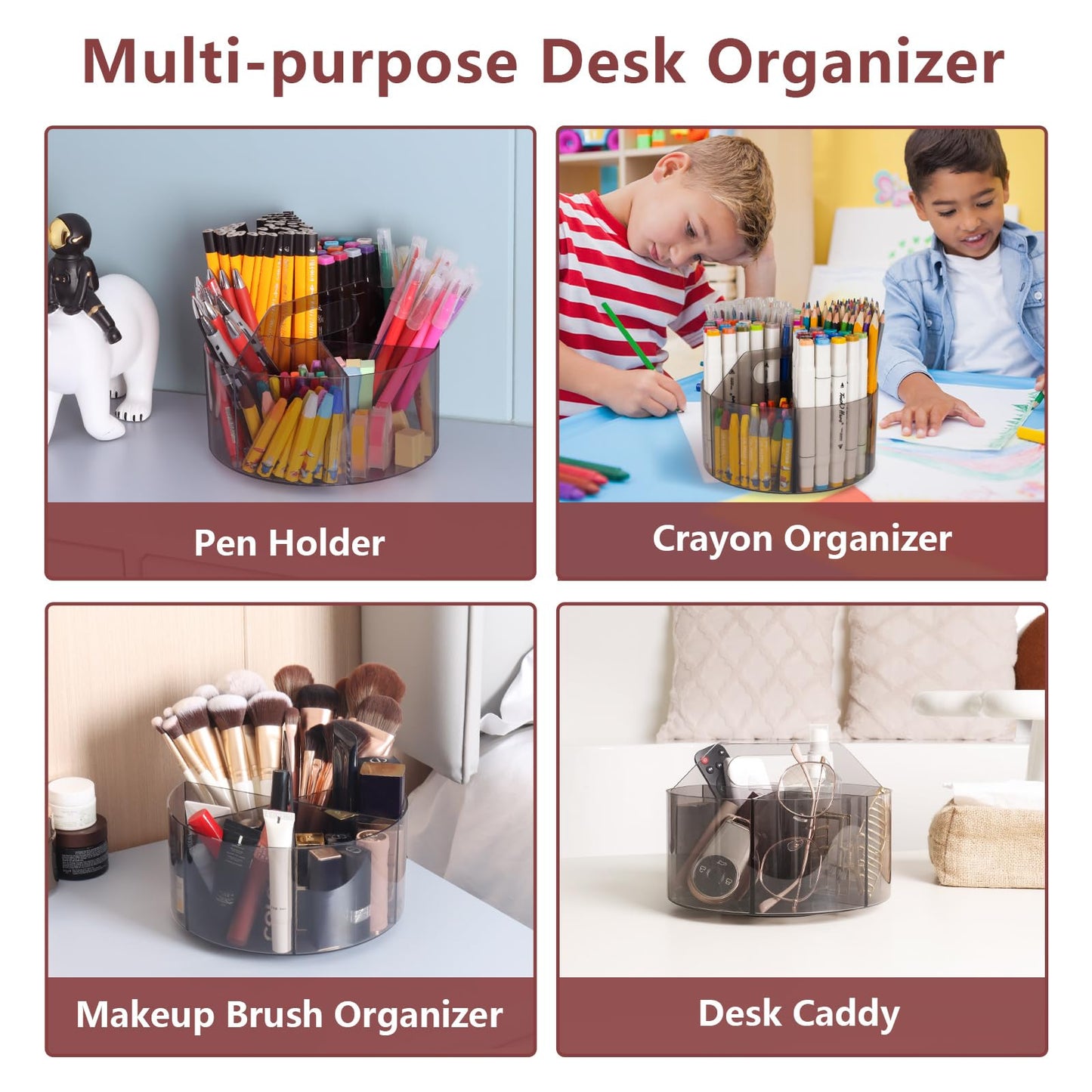 Absonic 250pcs Acrylic Pencil Holder Marker Organizer, 360-Degree Rotating Pen Holder, Crayon Organizers for Kids Pencil Organizer Caddy Art Supply Kids Desk Organizers for Office Home School, Black