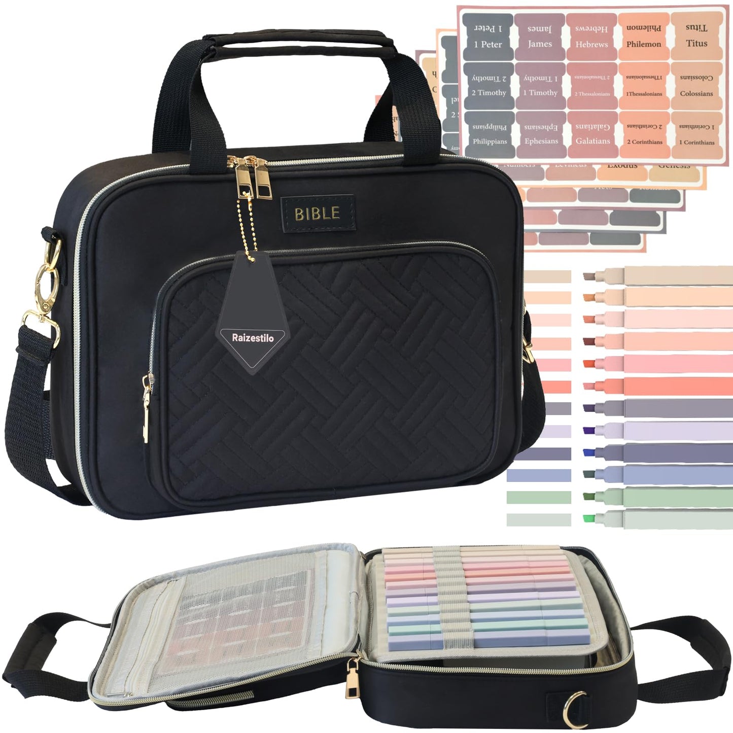 Bible Cover for Women Bible Case, Large Bible Bag, Bible Study Supplies Bible Journaling Kit Book Carrying Case with Bible Highlighters Tabs, Valentines Day Christian Gifts for Women (Black)