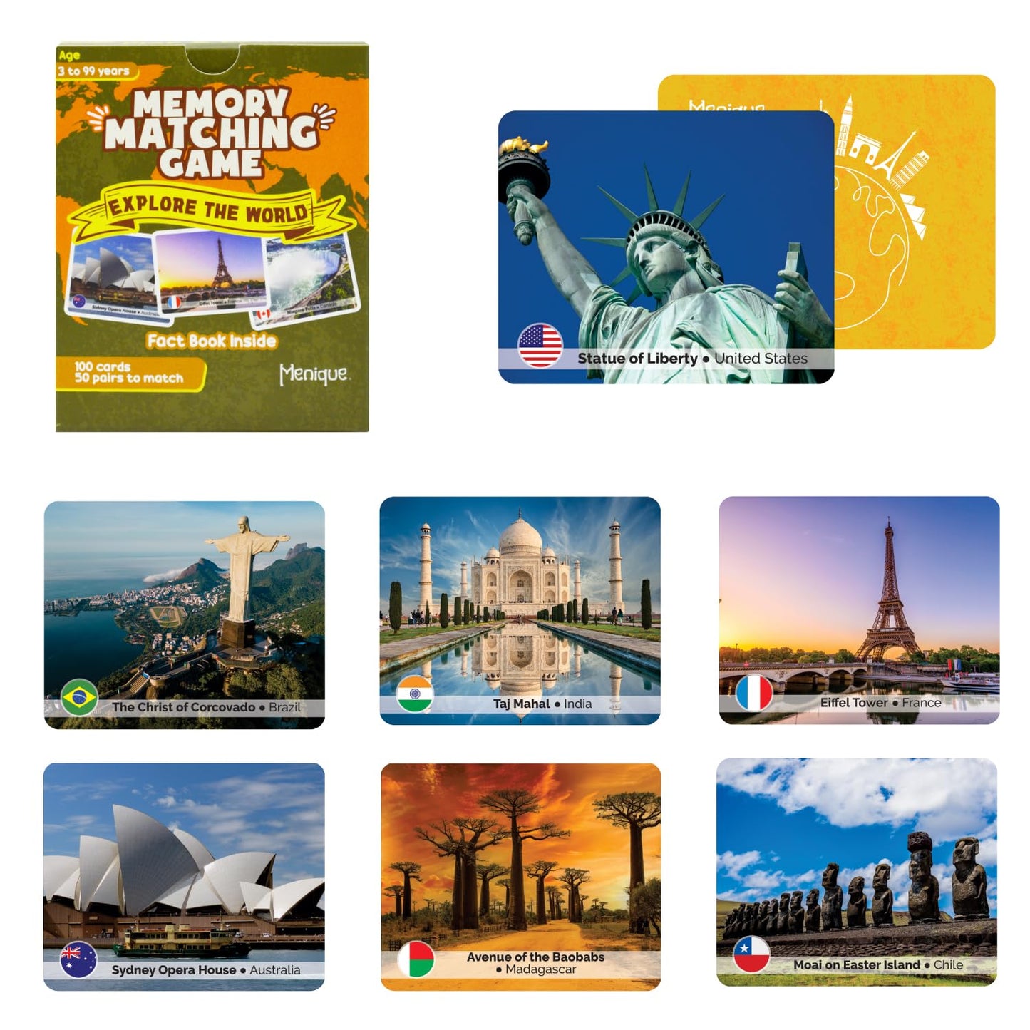 Menique Explore the World Memory Matching Game – 100 Cards (50 Pairs) with Famous Landmarks from 50 Countries – Includes Flag, Country & Place – Educational Geography Game + Informative Booklet