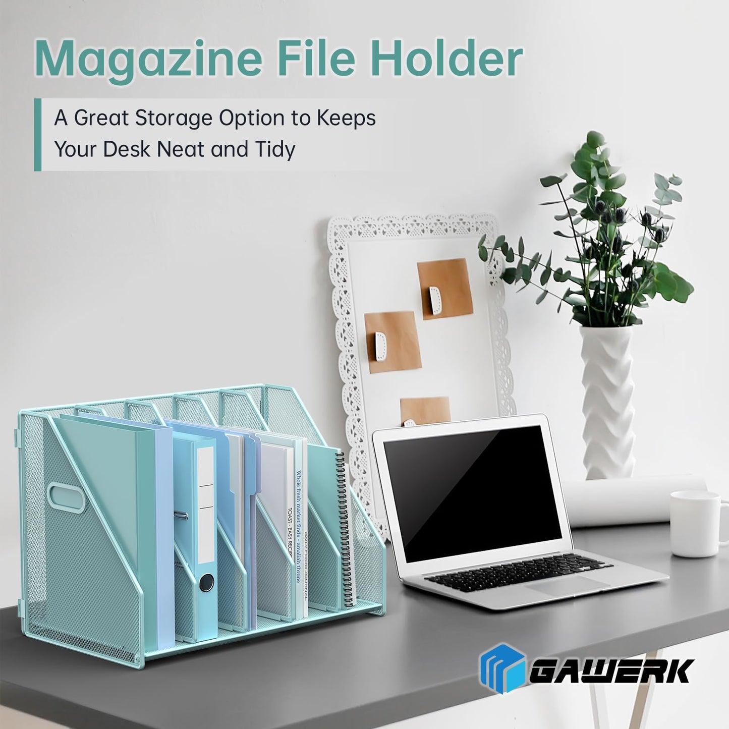 MINDEPOT Desk File Organizer Metal Desk Magazine Folder Holder with 5 Vertical Compartments Rack File Organizer for Office, Home, School (Blue)