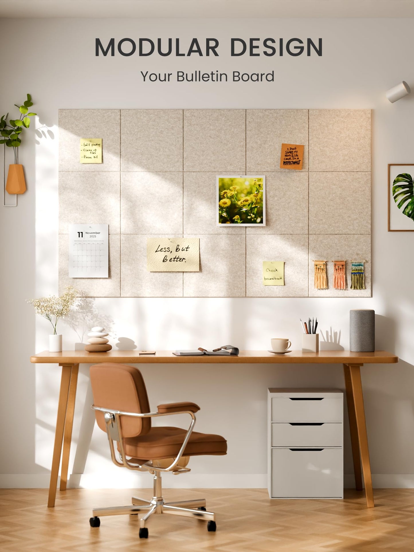 Bumusty Large Cork Board 48" x 36" Alternative - 12 Pack Felt Wall Tiles with 70 Safe Removable Adhesive Tabs, 30 Pushpins, Cork Boards for Walls Pin Board Bulletin Board Office Decor (Oatmeal)