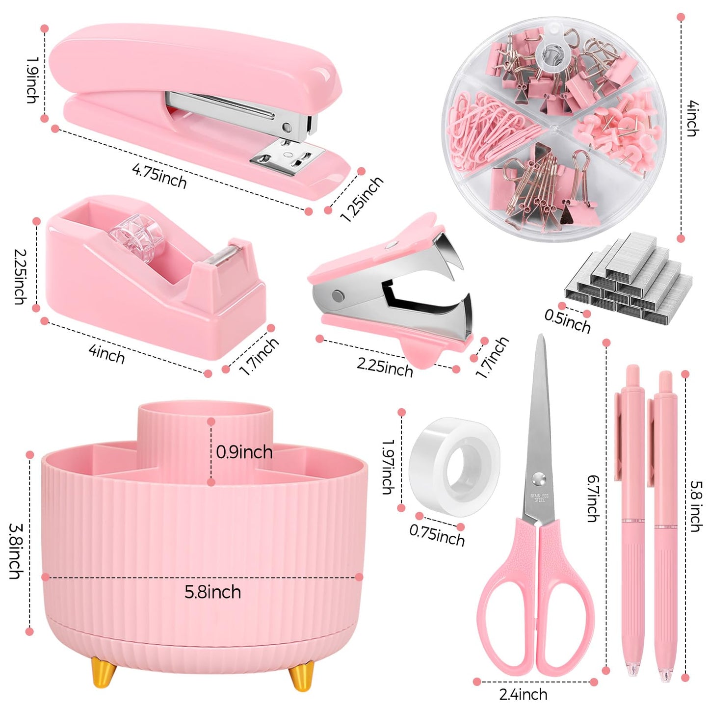 SKYDUE Pink Office Supplies Set, Pencil Holder for Desk,Gel Pen, Stapler, Tape Dispenser, Scissors,Clips and 1000pcs Staples, Office Decor for Women, Pink Desk Accessories