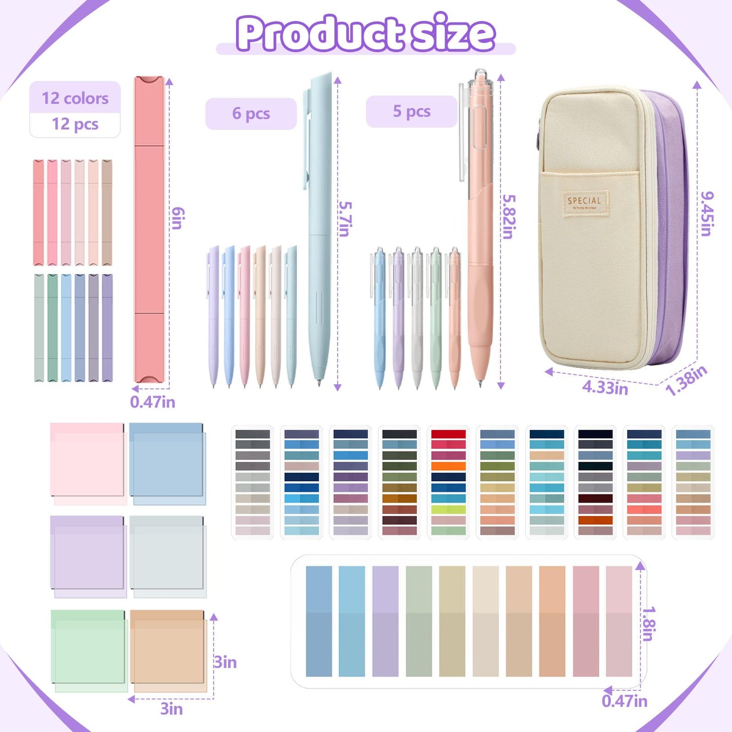 Trandraft 135 Pcs Book Annotation Kit with Pencil Case, 12 Pastel Highlighters, 11 Gel Pens, Fine Marker, 300 Transparent Sticky Notes, 2640 Index Tabs, Bible Study Supplies Kit(Classic,Purple)