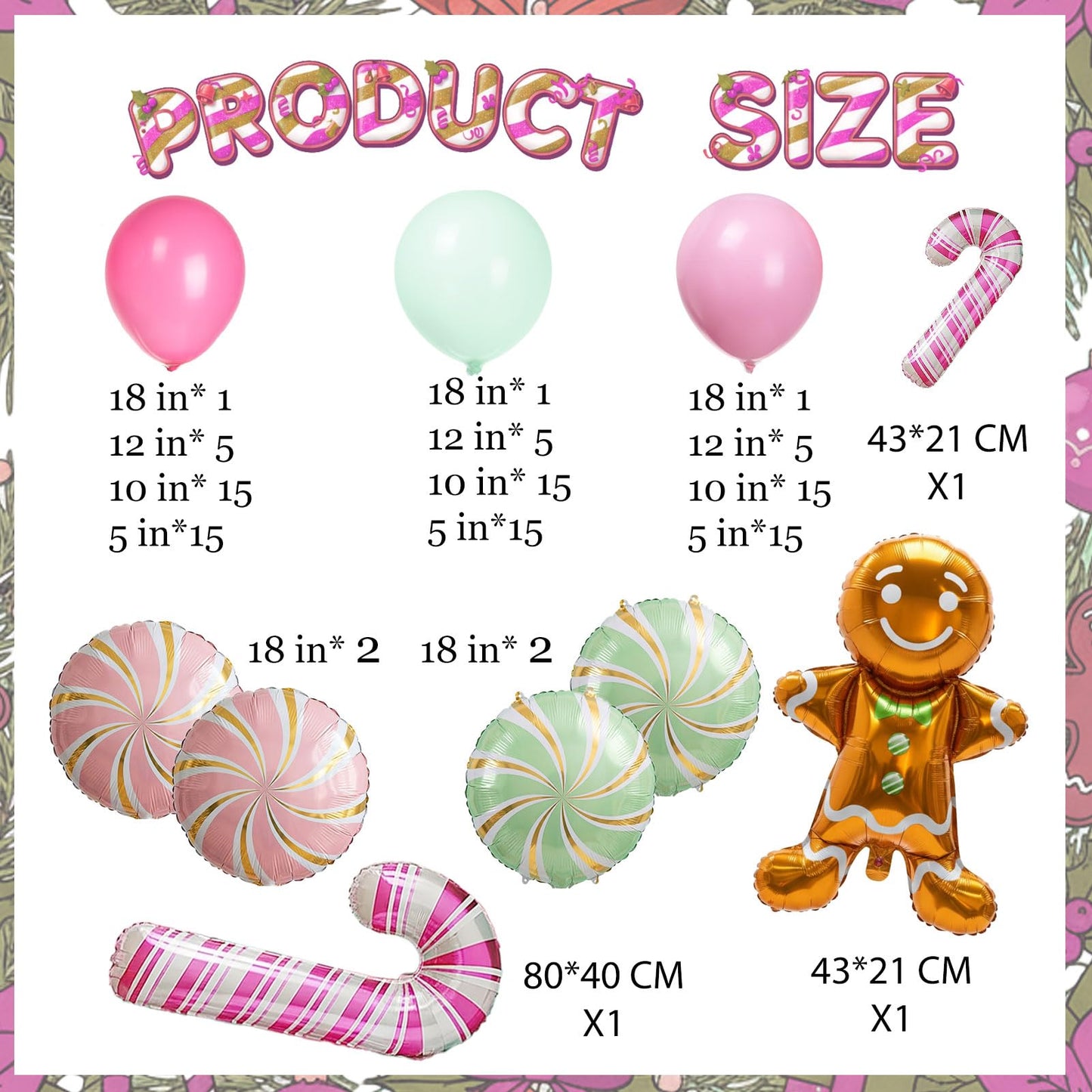 Christmas Balloon Garland Arch kit light magenta green pink balloon with Gingerbread Balloon Cane Candy Foil Balloons for Christmas Party Decorations Xmas New Year Birthday Party Supplies