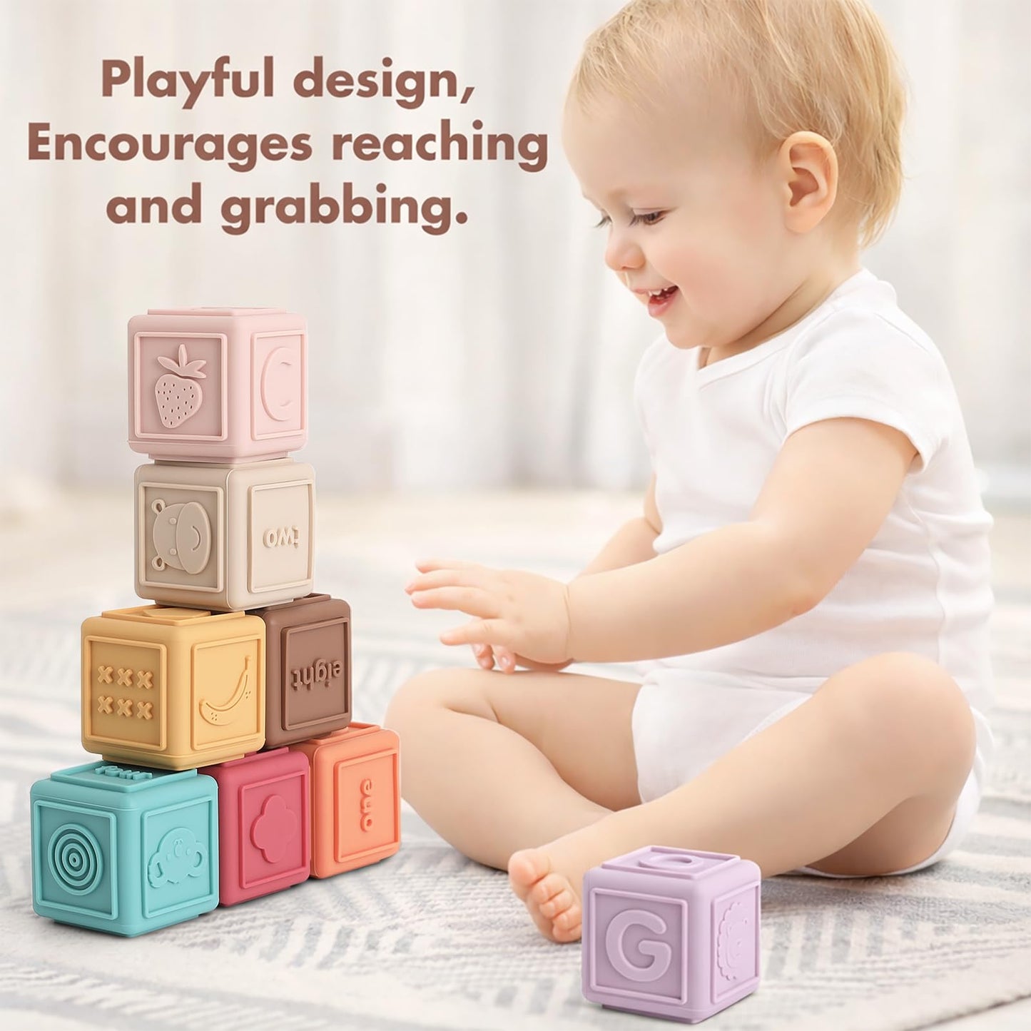 YIVEKO Baby Blocks Stacking for Babies Silicone Soft Building Blocks Teethers Montessori Toys for Babies Education Toys for Toddler Baby 8 PCS-Gentle