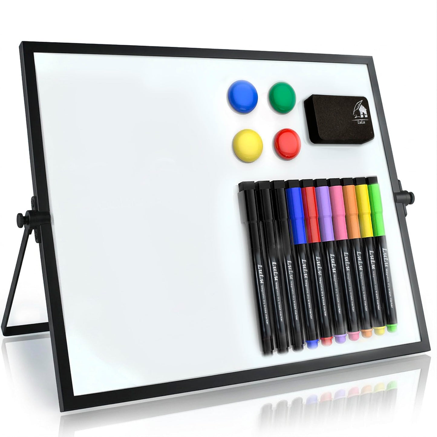 12x16 Magnetic Dry Erase Whiteboard with Stand – Double-Sided Desktop Board, 10 Markers, 4 Magnets & Eraser – Black Frame | LULU OFFICE